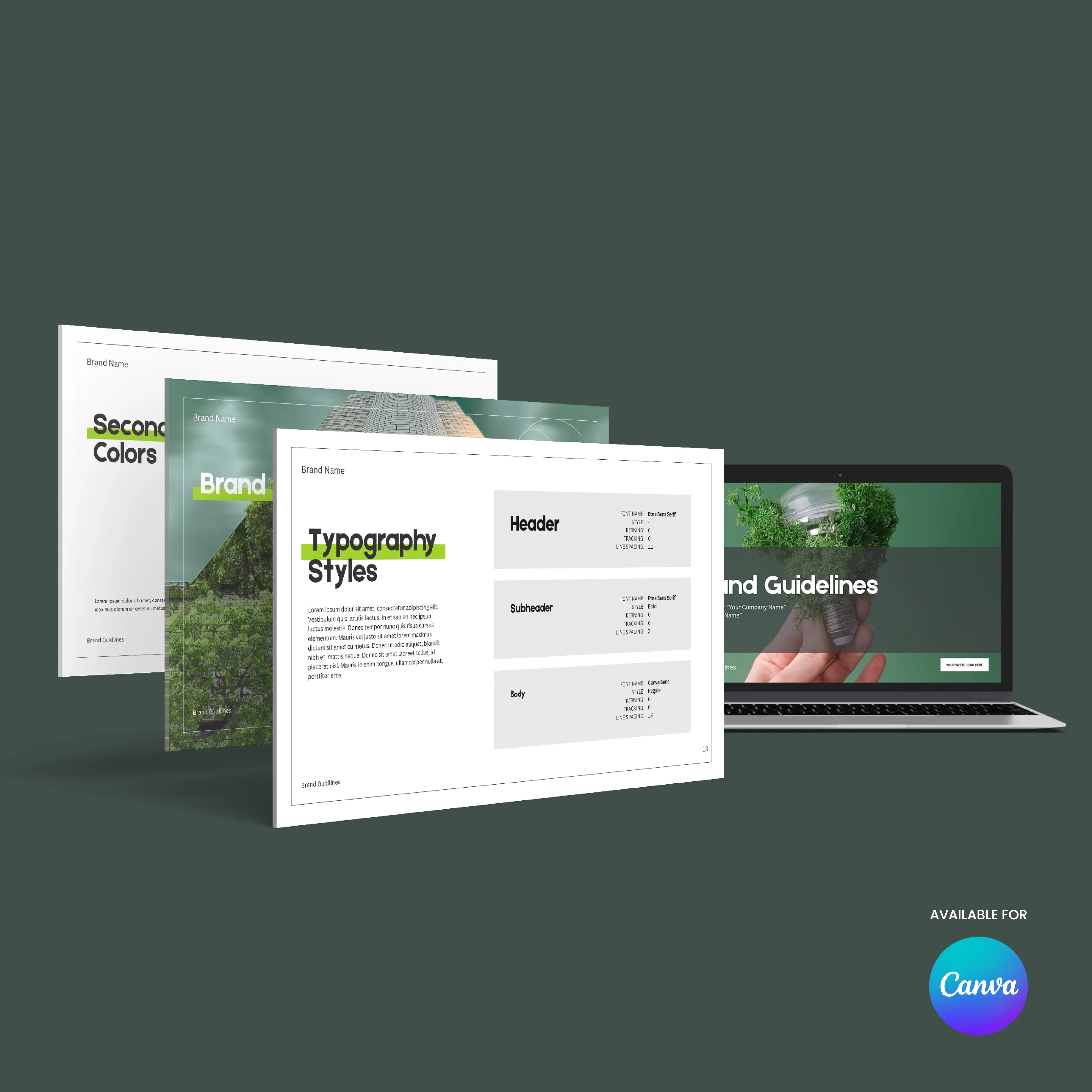 A digital mockup features three slides of the Brand Guidelines Template | Canva Editable, Green Minimal Style (Forma 20) highlighting typography and colors, plus a laptop displaying the templates webpage. The Canva logo is in the bottom right corner.