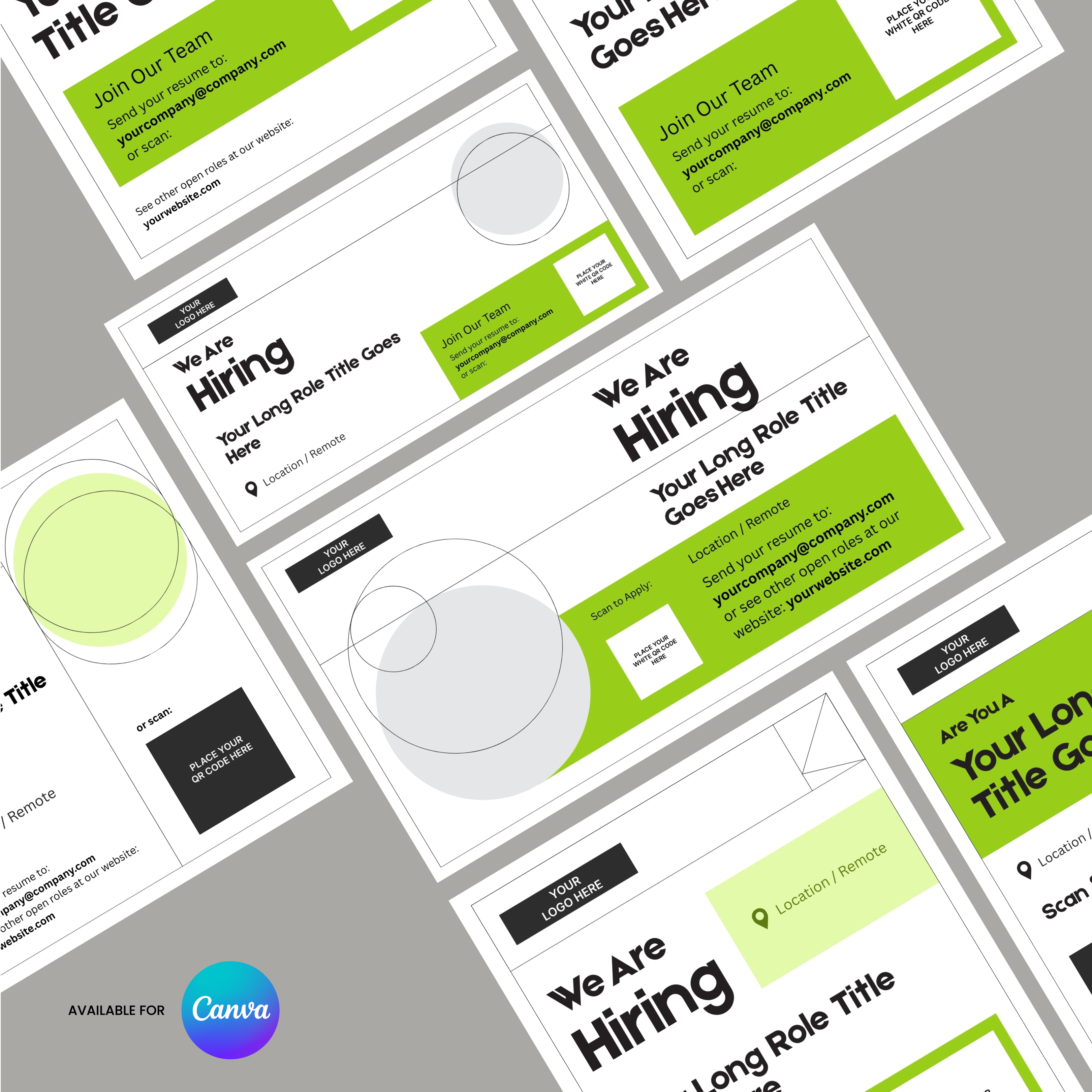 Promote job openings with the Social Media Hiring Ad Templates for Canva – Forma 20 Collection Green Edition: stylish green, black, and white geometric designs with space for details, location, and contact info. “Available for Canva” appears at the bottom left.