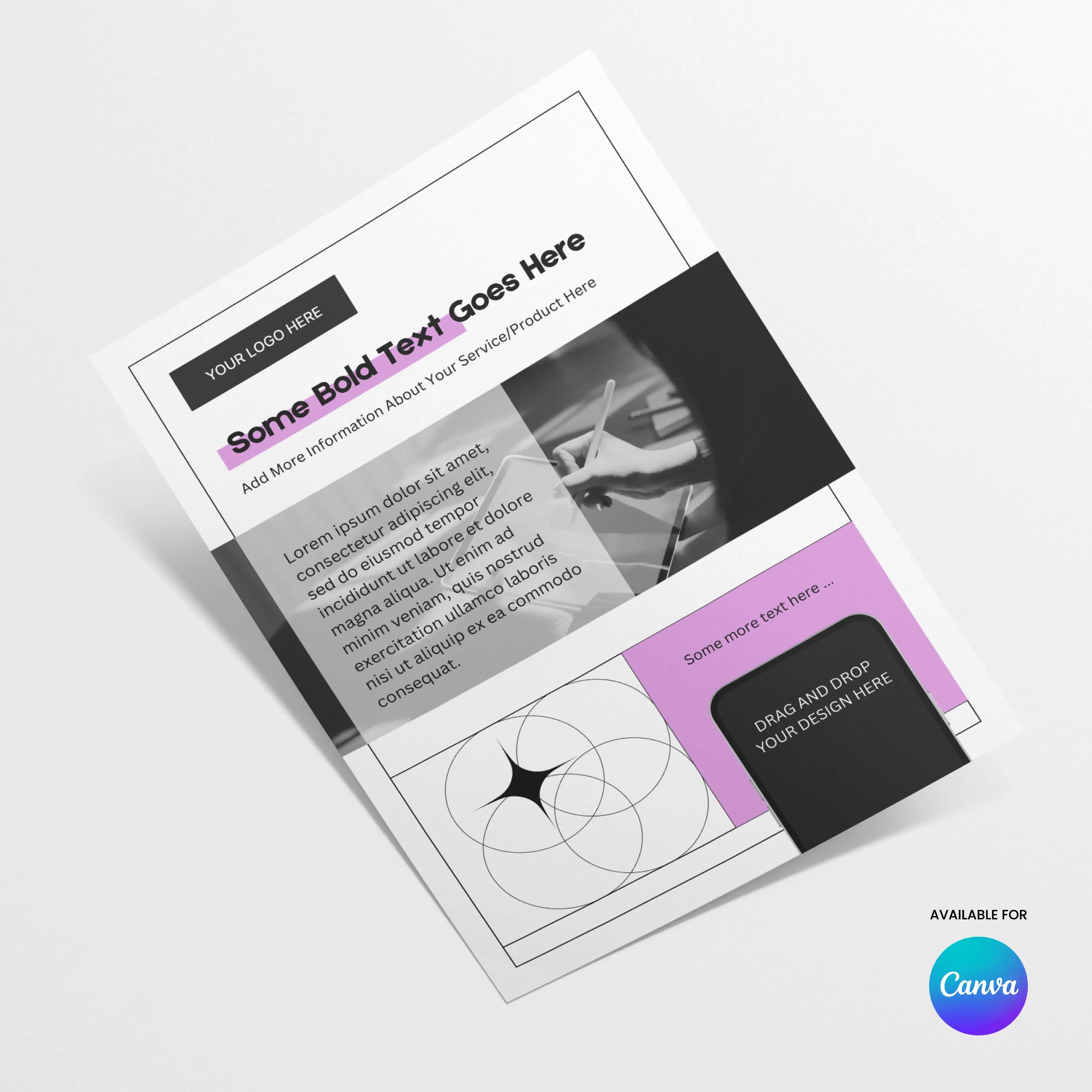 The Flyer Template for Canva - Forma 20 Collection features an editable geometric design with image slots and placeholder text, plus an Available for Canva badge in the lower right, shown angled on a white surface. Ideal for services, offers, or product promos.