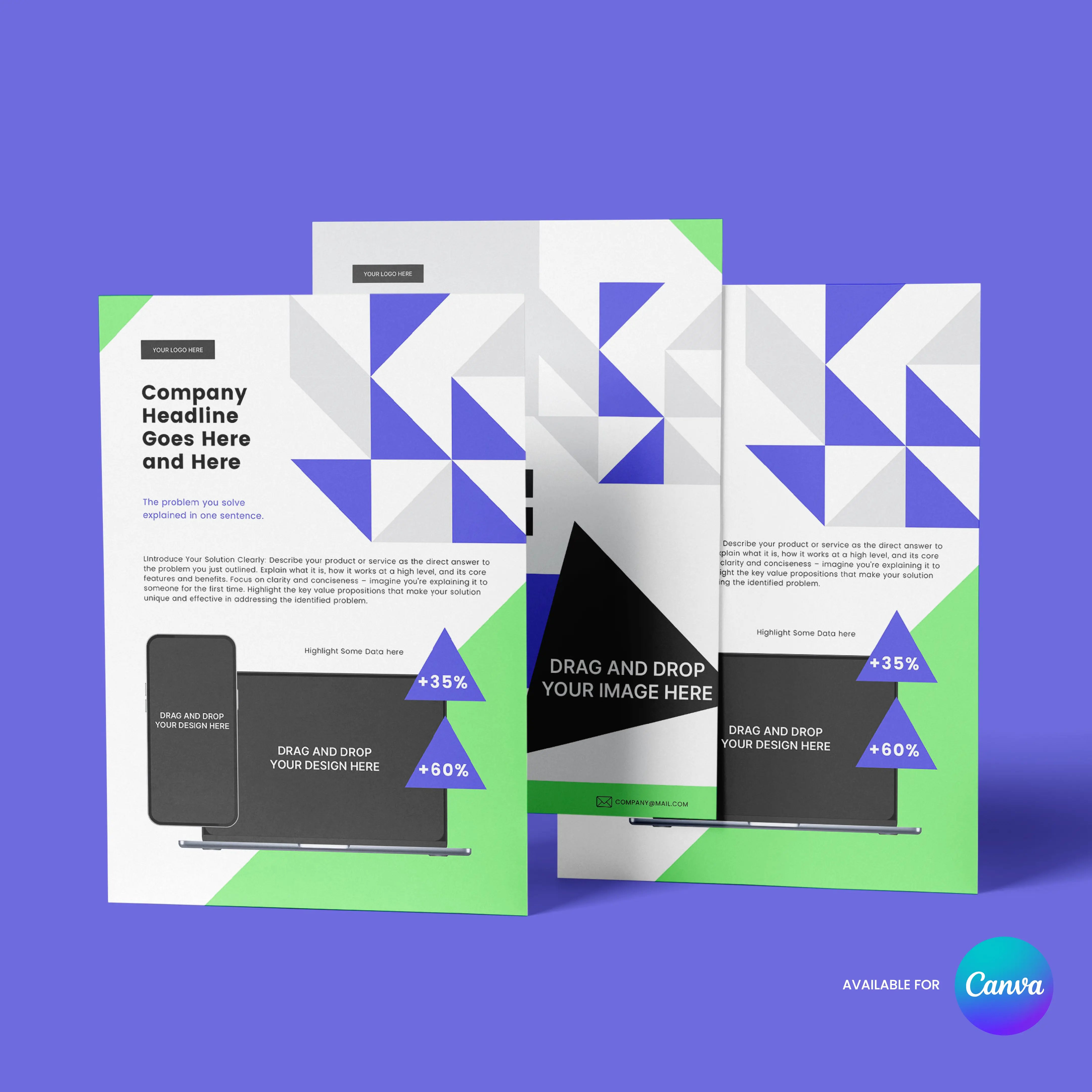 The One-Pager Template for Canva from the Forma 40 Collection features three editable, geometric flyer designs in green, blue, white, and black—ideal for company overviews or sales sheets—with placeholders, icons, and the Canva logo on a blue background.