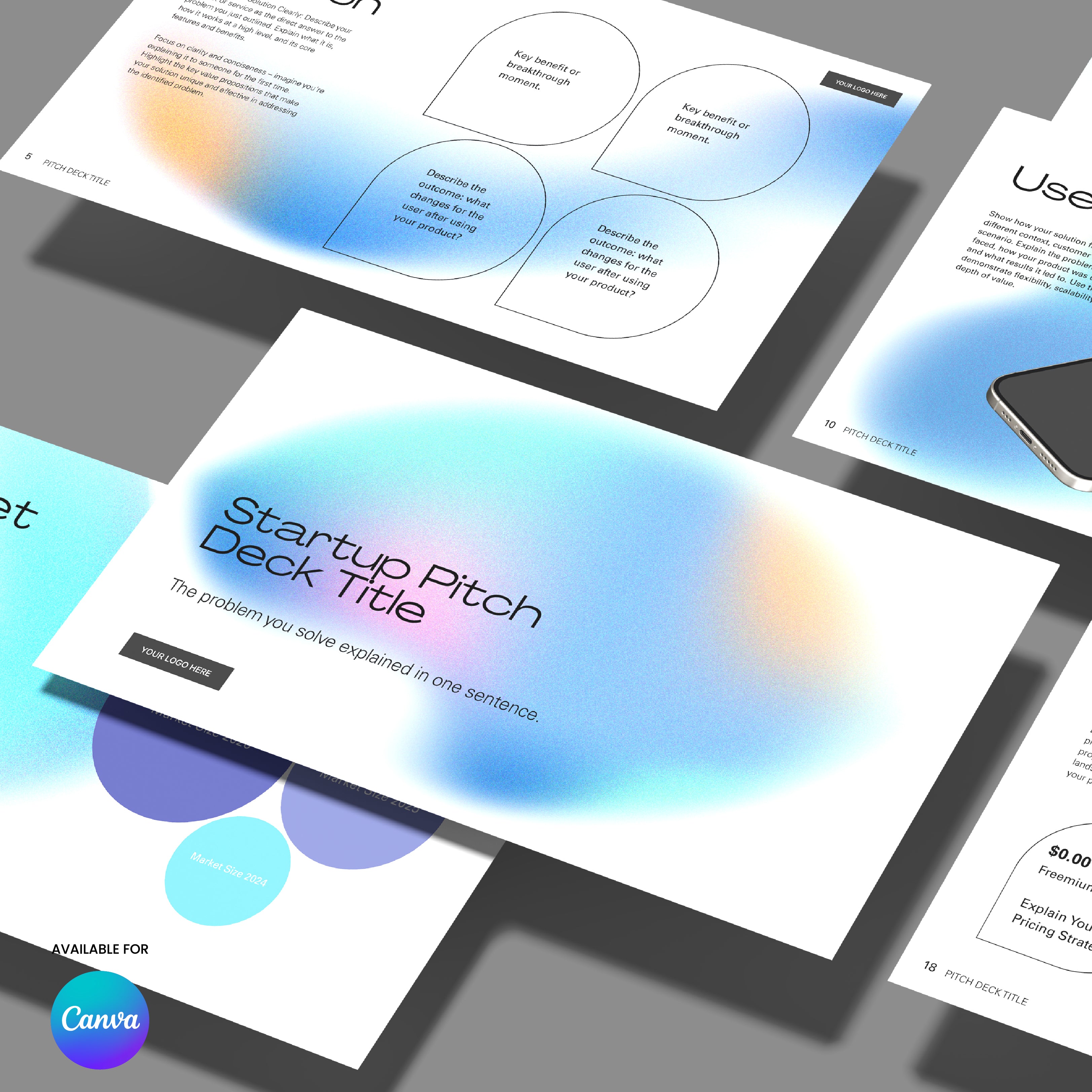 The Canva Pitch Deck Template – Forma 50 Aurora Minimal Design features modern blue gradient slides with titles, text boxes, diagrams, and the Canva logo on a gray background—ideal for creating professional startup presentations in Canva.