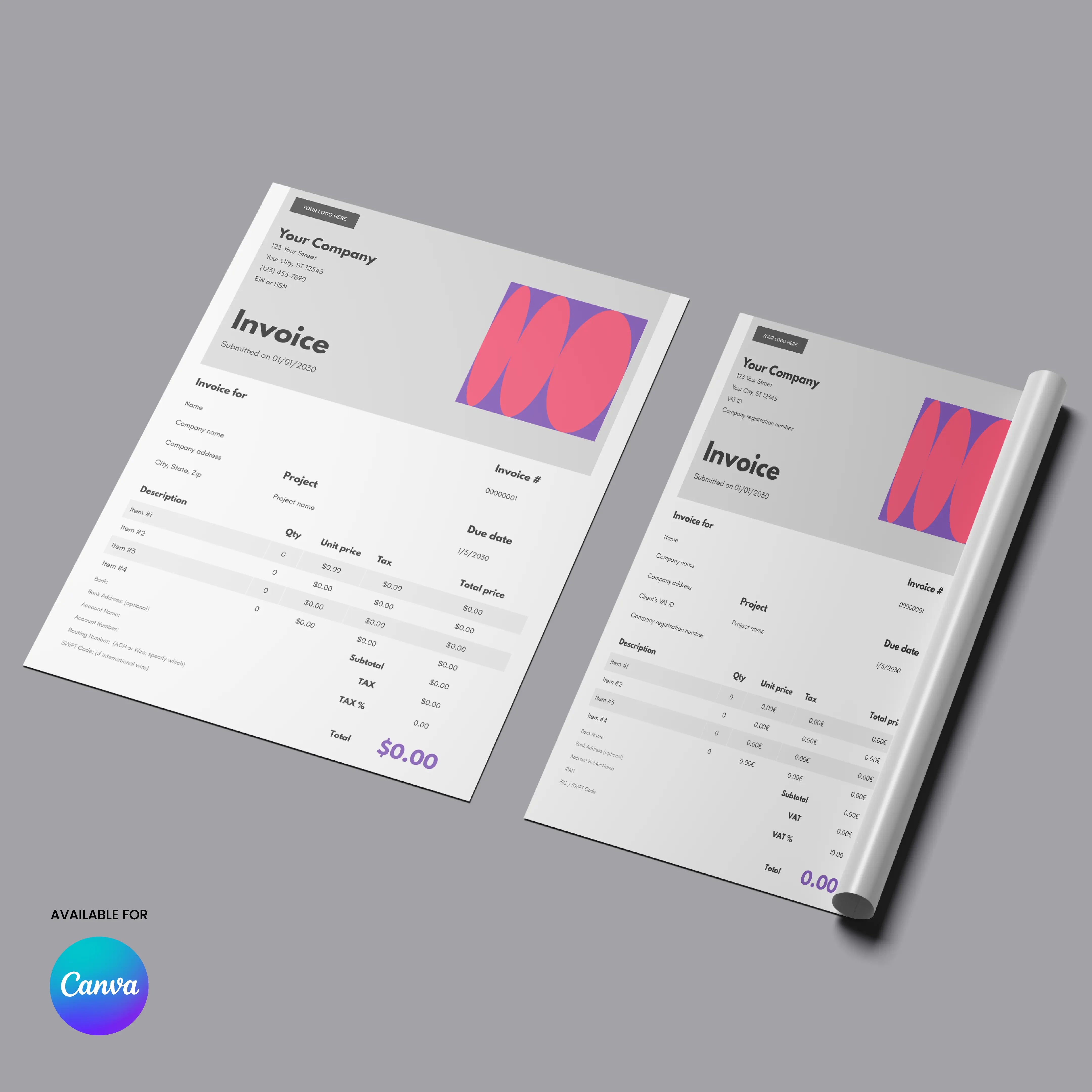 The Bold Invoice Template (EU & US Versions) in Forma 10 features modern pink and purple designs, editable in Canva. Both templates display company info, line items, $0.00 total, and the Canva logo at the lower left—ideal for contemporary businesses.