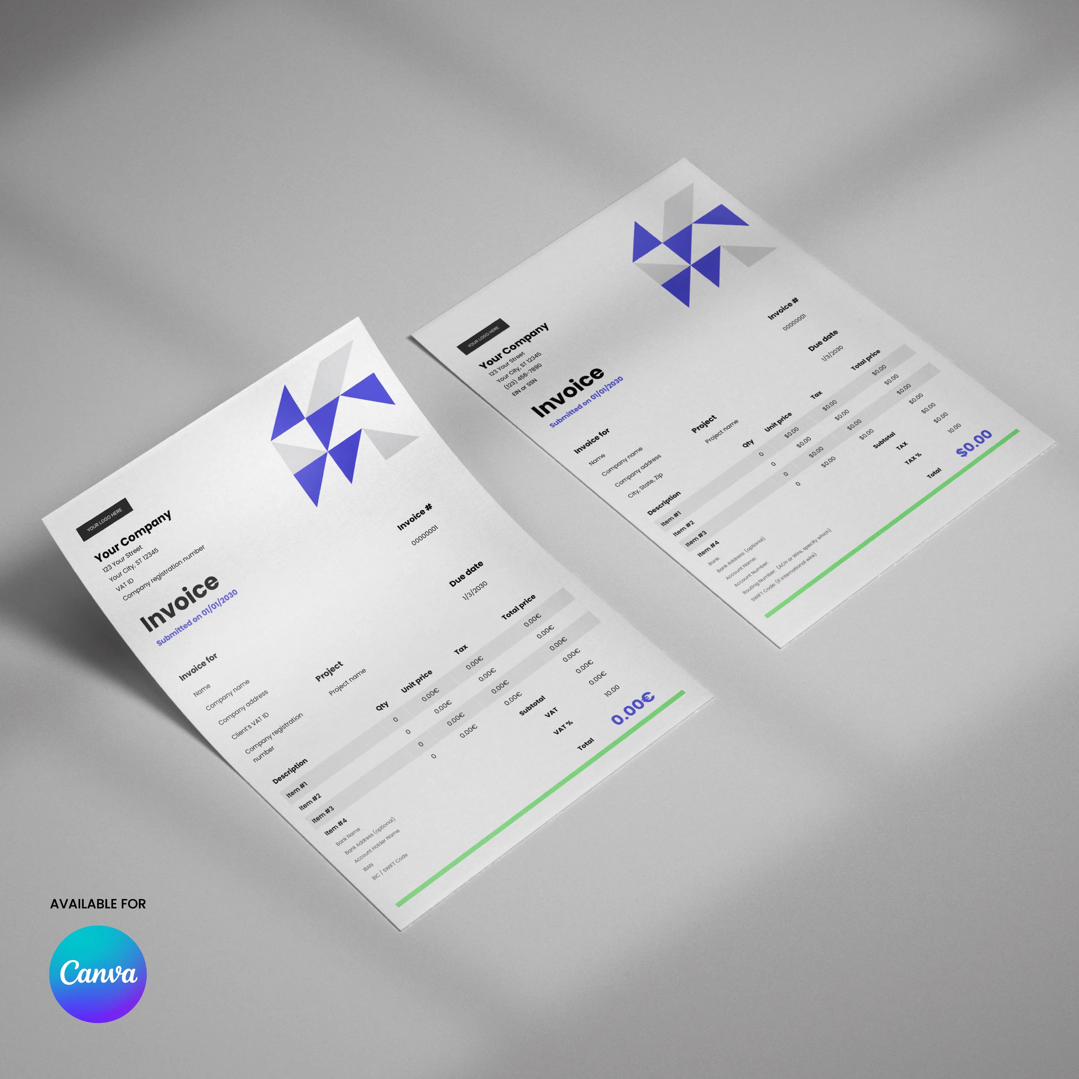 Two printed professional invoices made with the Invoice Template - Forma 40 Edition | Editable Canva Template (US & EU Format) are shown featuring a geometric blue and purple logo, itemized details, totals, and a green line at the bottom.