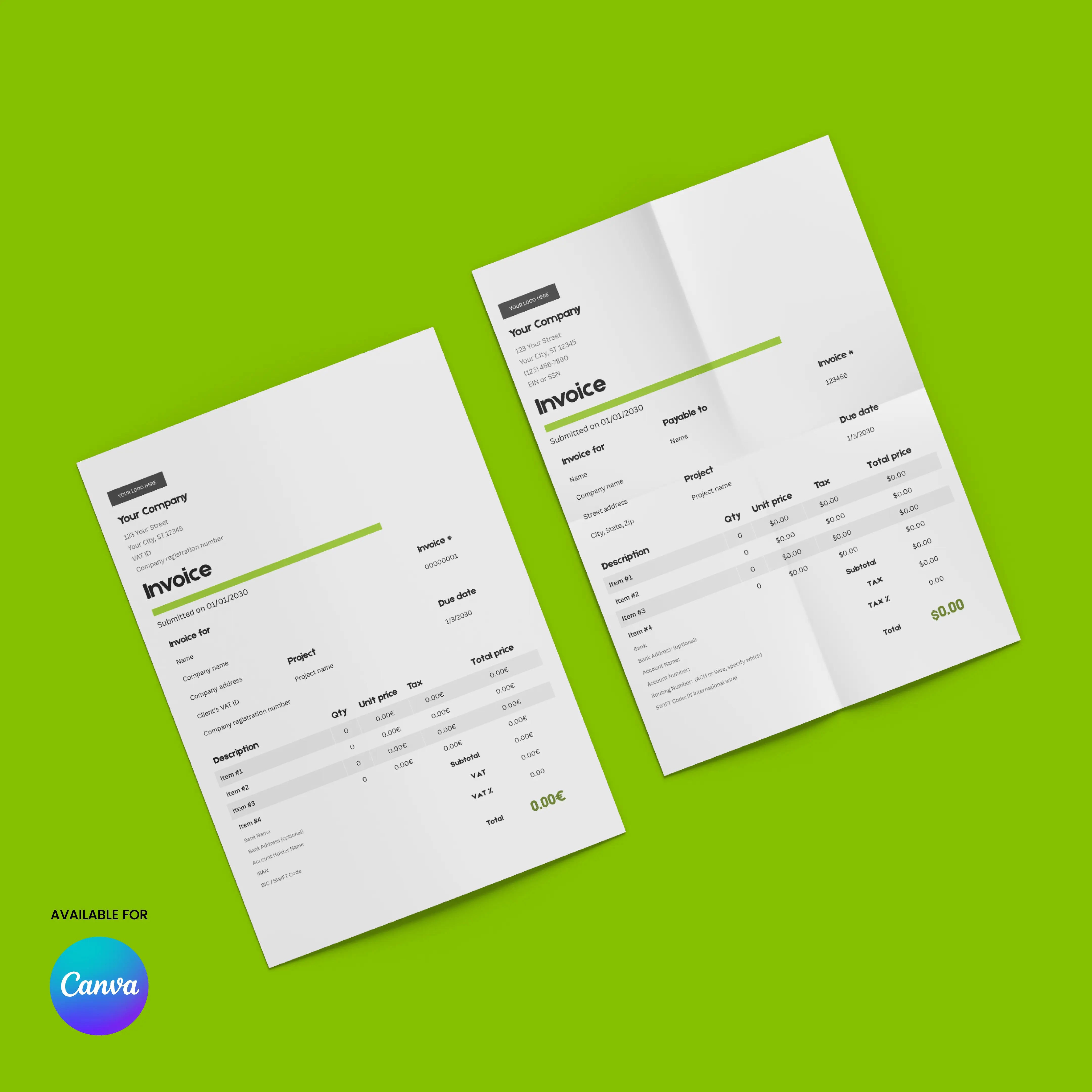 Two white invoices featuring US & EU formats are displayed on a bright green background with itemized details. A blue Canva logo indicates theyre editable. Product: Modern Green Invoice Template (US & EU Format) | Canva Editable, Forma 20.