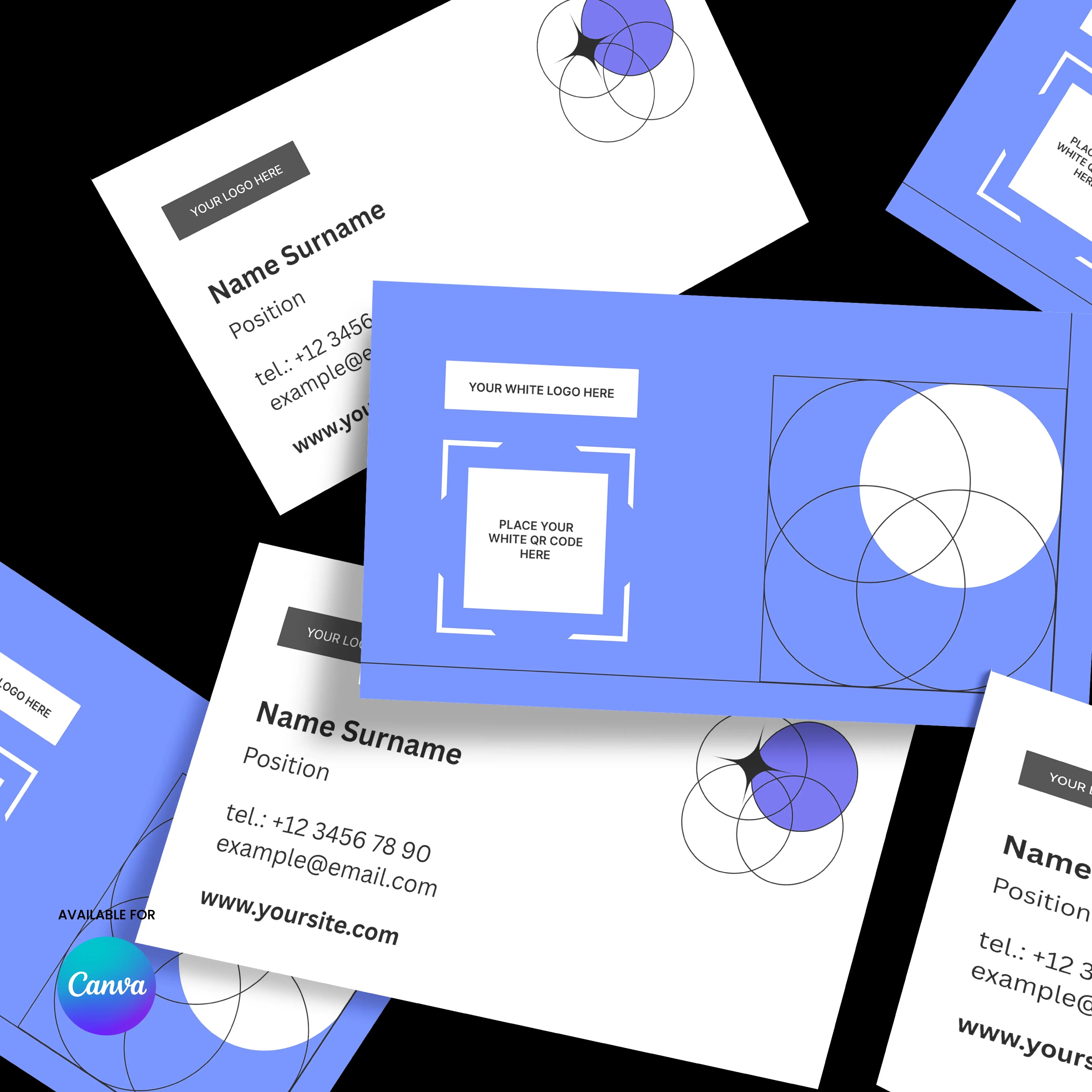 Minimal Business Card Template | Editable in Canva, Forma 20 Style: Features blue and white geometric design, black text for name, position, contact info, circle accents, a “YOUR LOGO HERE” placeholder, and a Canva logo in the lower left corner.