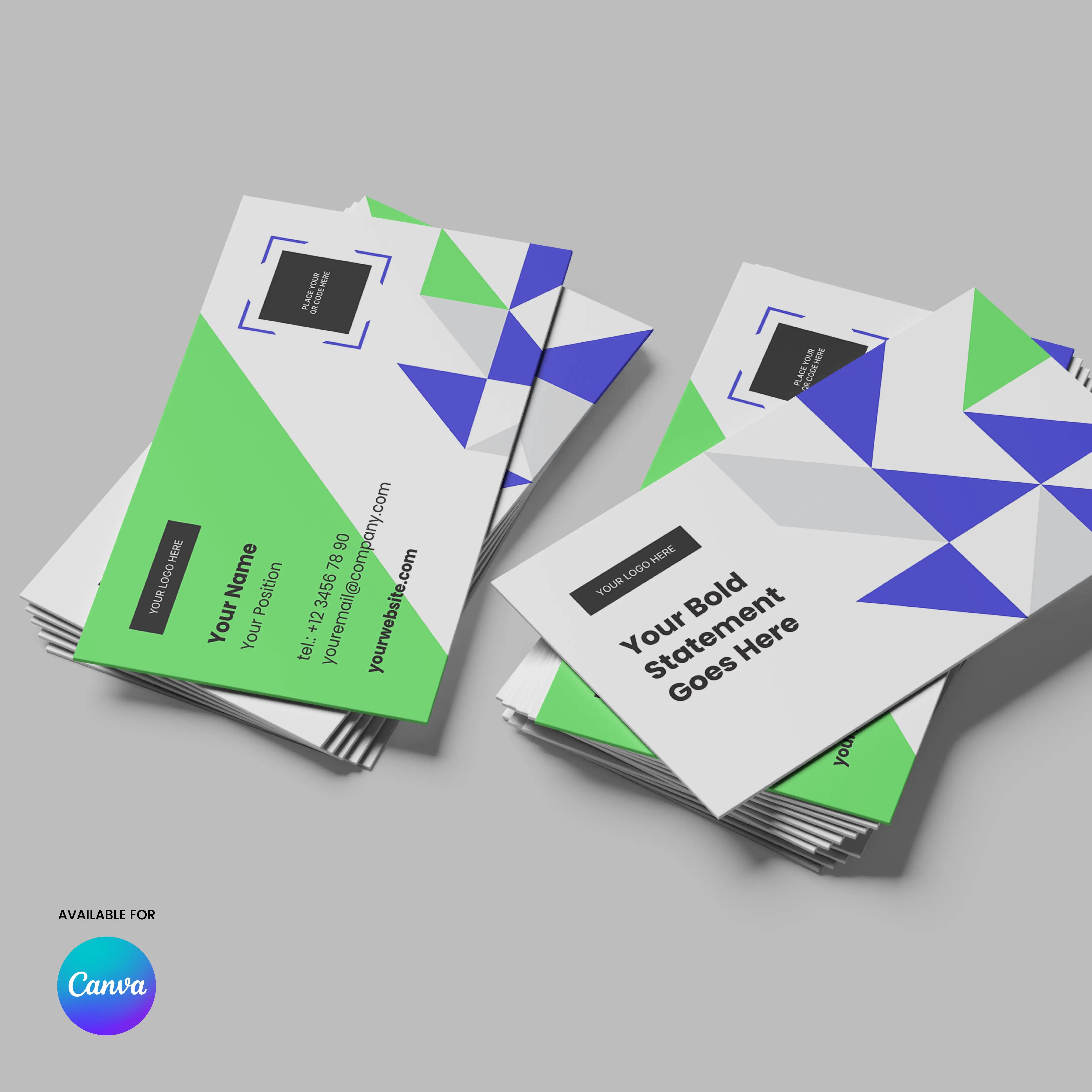 The Business Card Template for Canva from the Forma 40 Collection features a modern stack with green, blue, and gray geometric designs. Includes editable name, slogan, contact details, and company name fields. Canva logo shown bottom left.