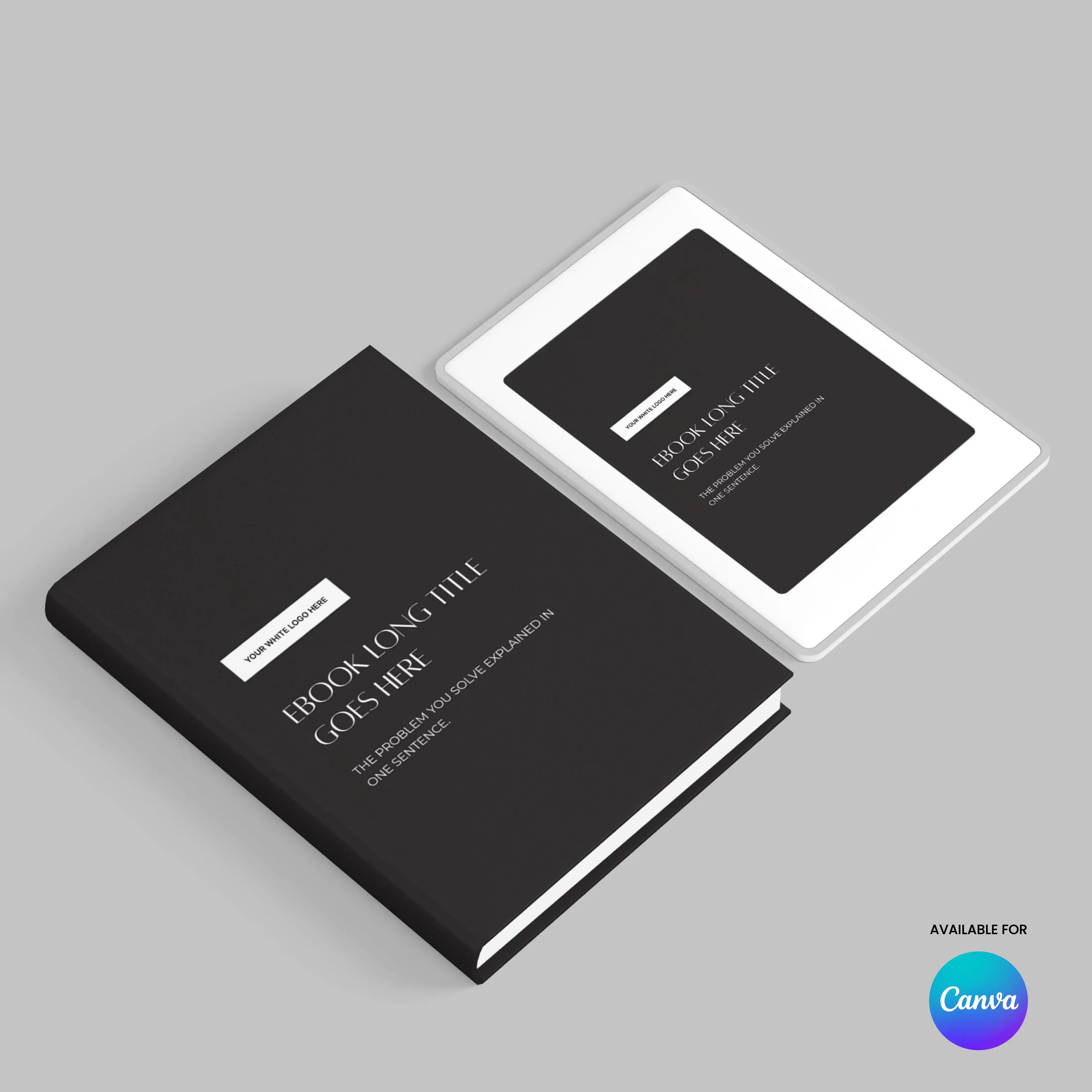 A hardcover book and a tablet with matching black covers display “eBook Template for Canva – Monochrome Edition | Forma 60 Collection” on a light gray surface. The Canva logo appears in the bottom right corner with “Template available for Canva.”.