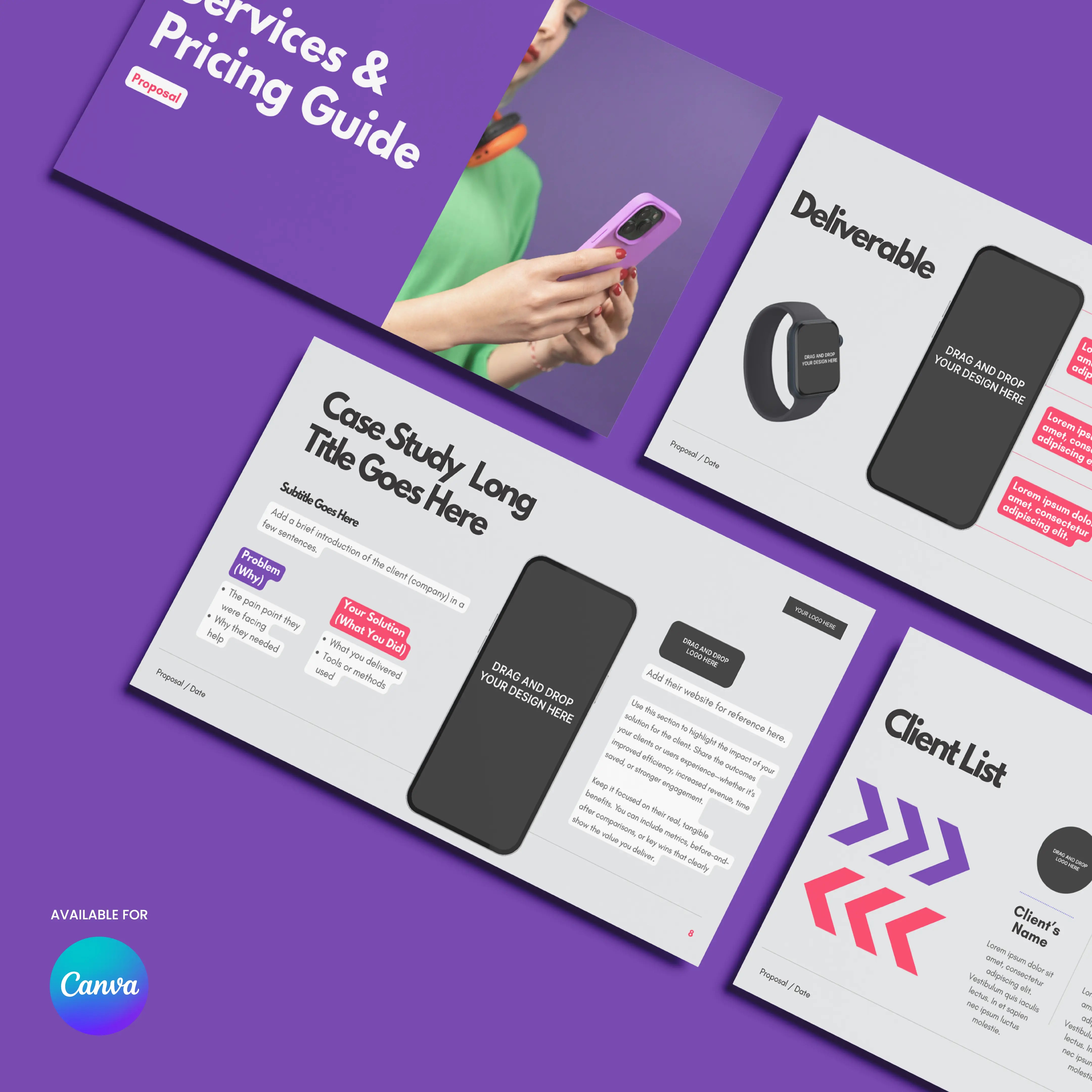 The Service Proposal & Pricing Presentation from the Forma 10 Collection is a Canva template with a purple background, modern pitch deck style, sample text, sleek graphics, phone mockups, and sections like Services & Pricing Guide and Case Study.