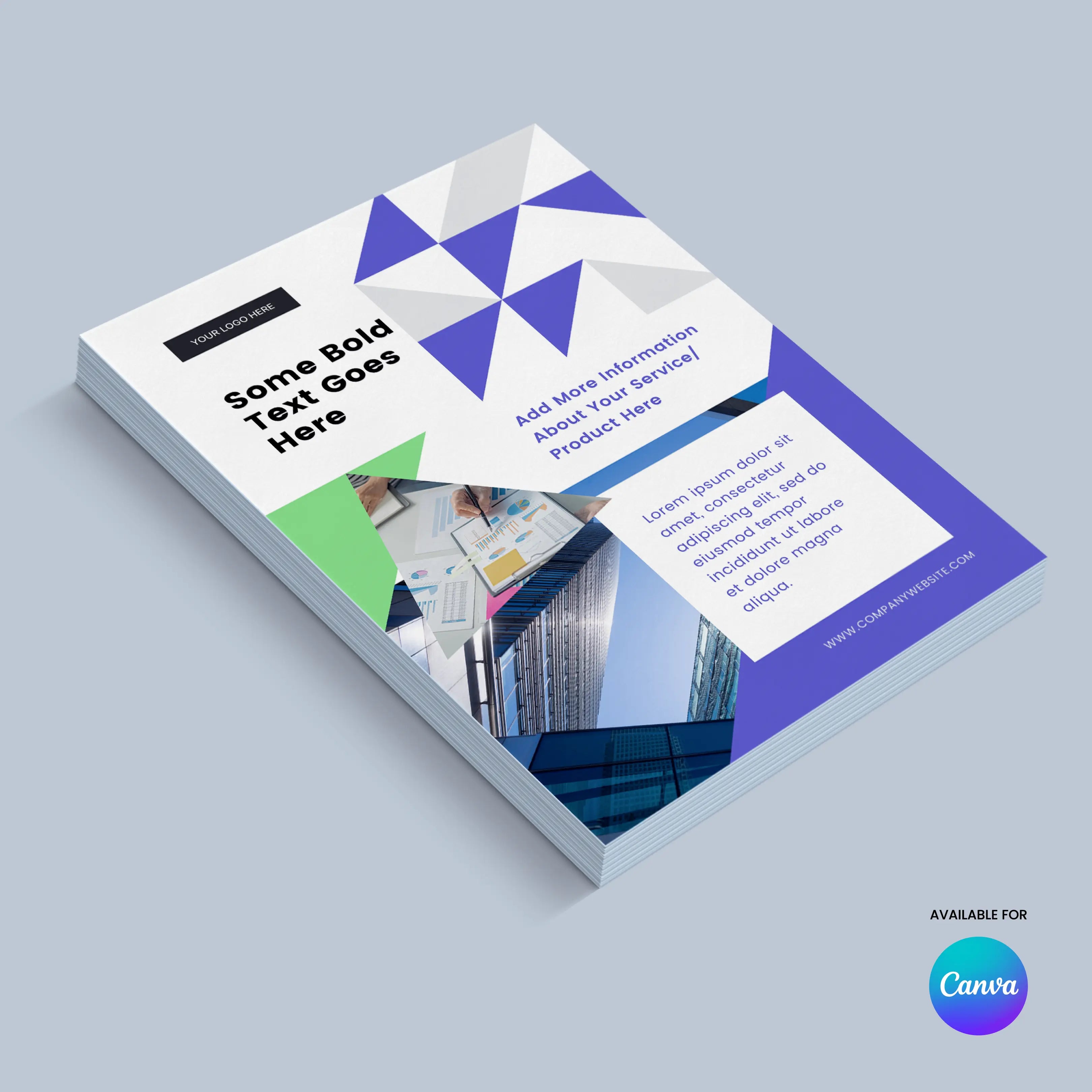 A stack of case study flyers from the Flyer Template for Canva - Forma 40 Collection features a geometric blue and purple design, bold headline text, sample images, and placeholder content. Canva logo and “Available for Canva flyer template” appear bottom right.