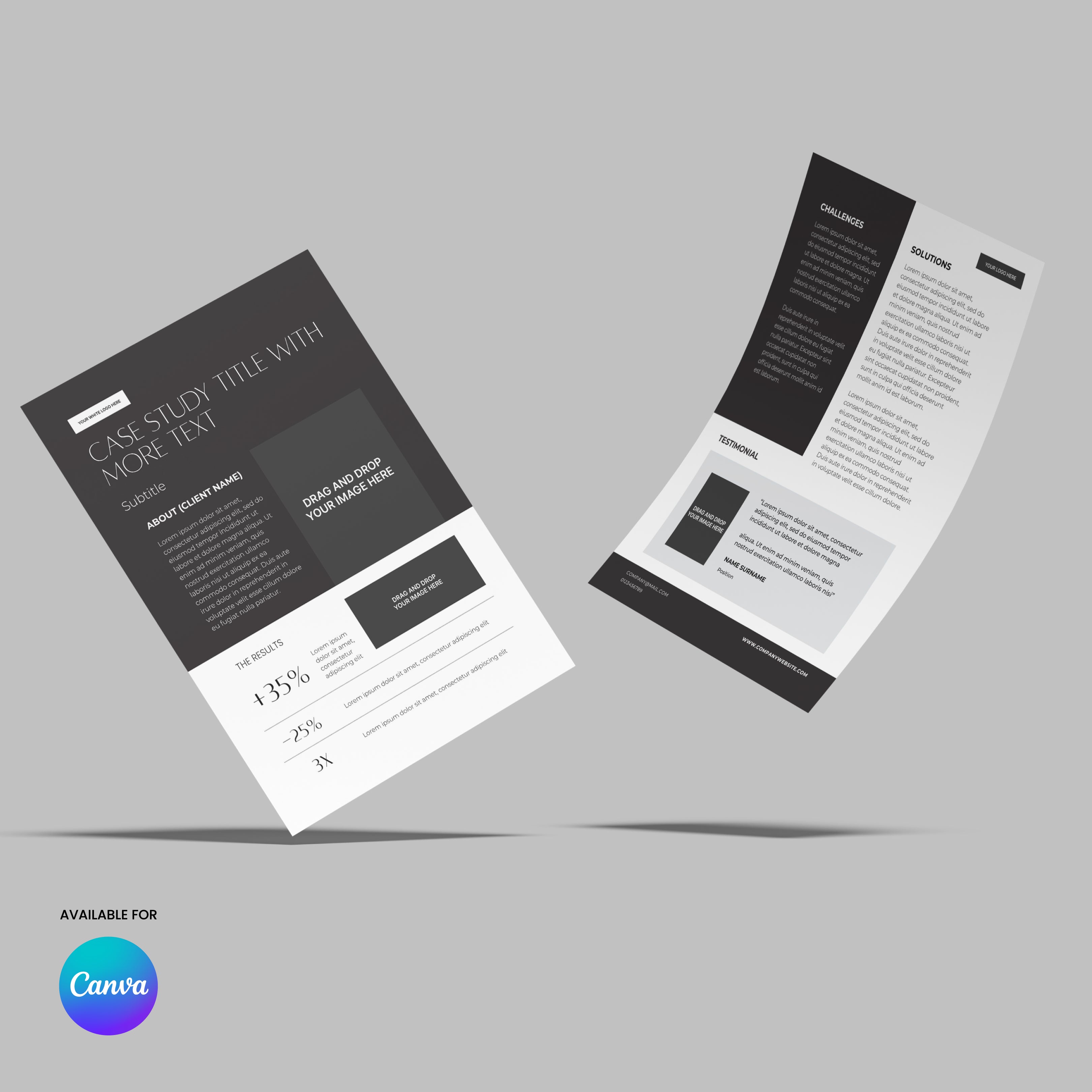 Two monochrome "Case Study Template for Canva – Forma 60 Collection" designs float on a gray background with text blocks and data areas. The Canva logo and “Available for Canva” are displayed in the bottom left corner.