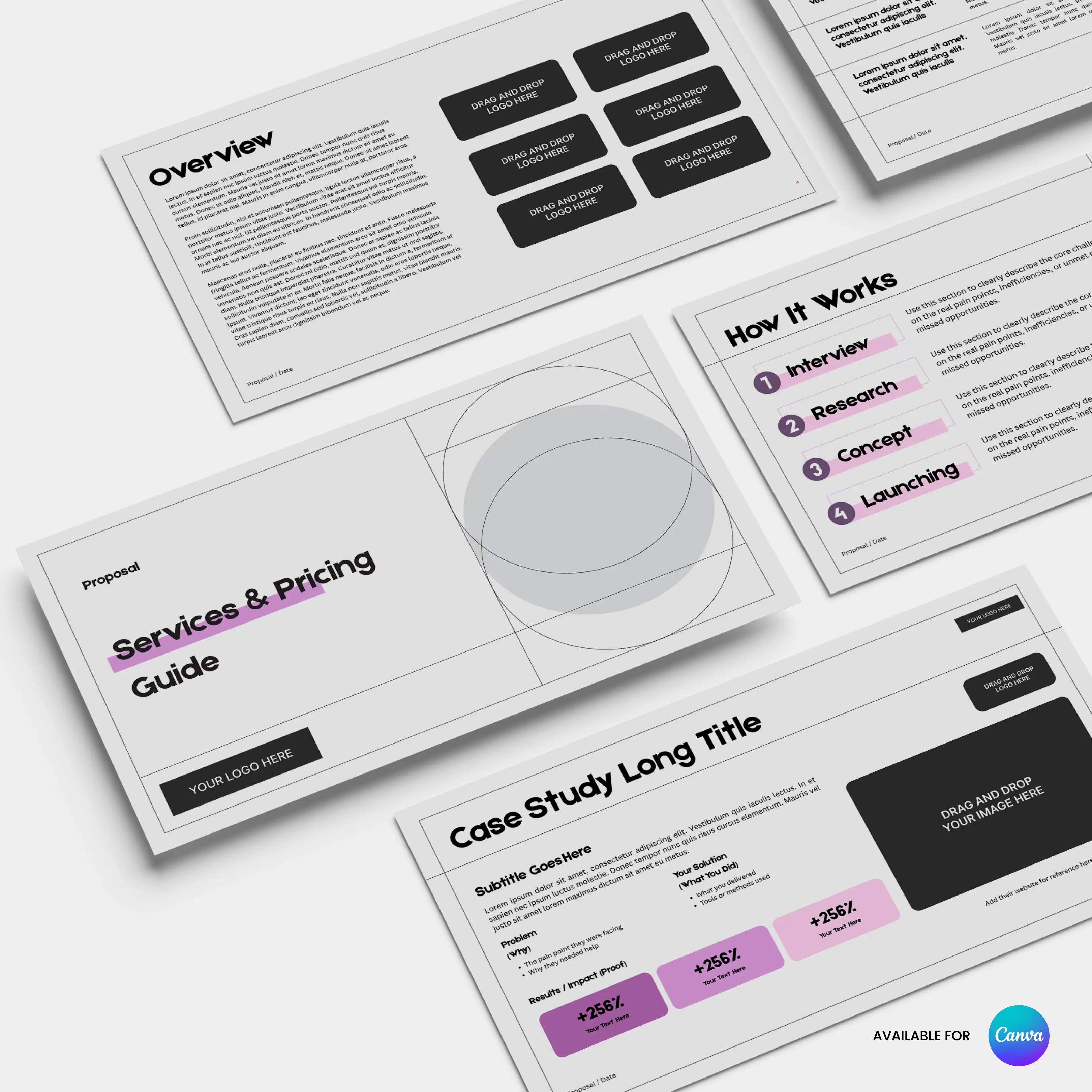 A set of five minimal Canva slides, the Client Offer Deck Template from the Forma 20 Collection features pink accents and sections like Overview, How It Works, Case Study Long Title, and Services & Pricing—ideal for any service proposal.