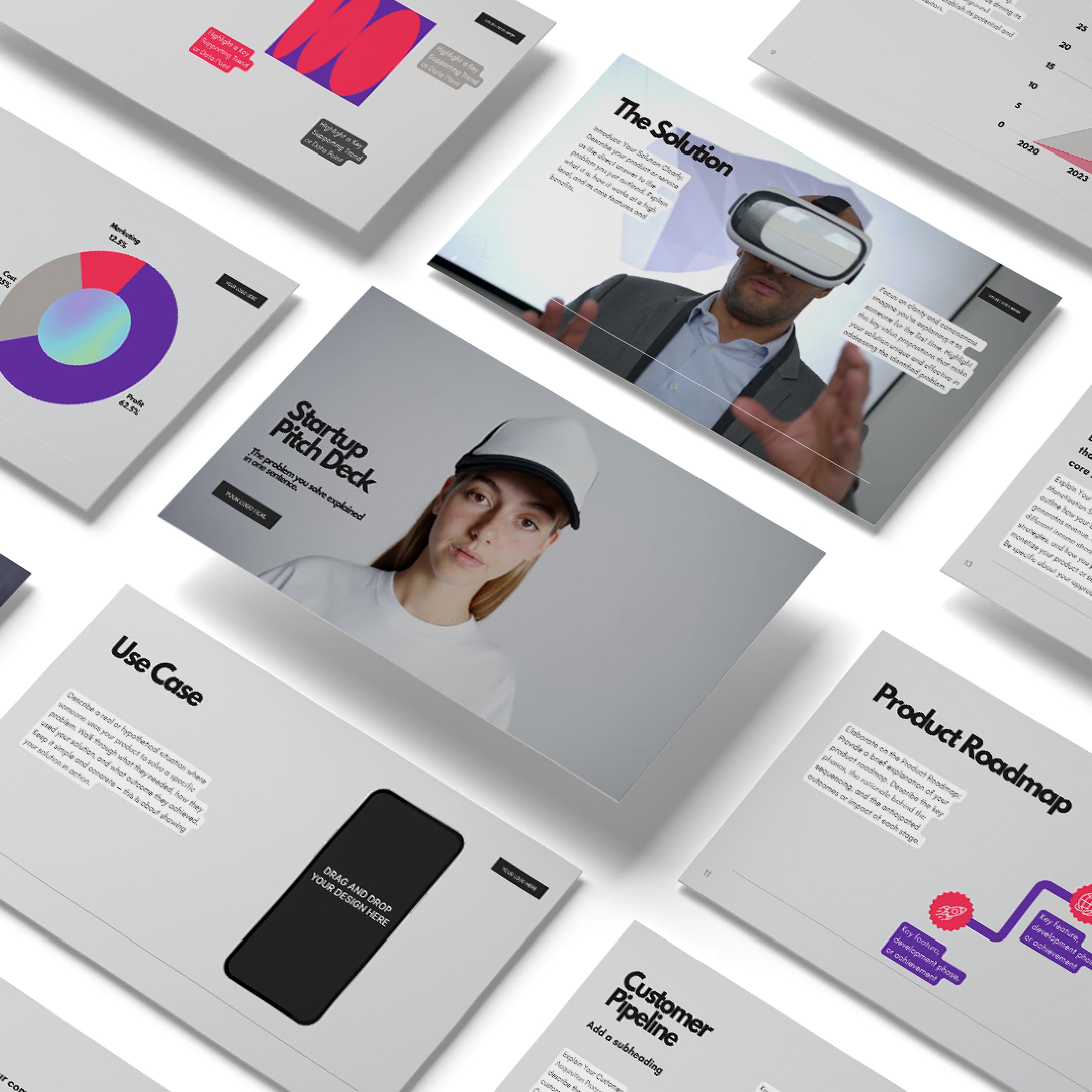 The Tech Startup Pitch Deck Template – Animated Canva Slides from the Forma 10 Collection displays graphs, text, diagrams, a smartphone mockup, and photos (including VR). Ideal for investor presentations and innovative business overviews.