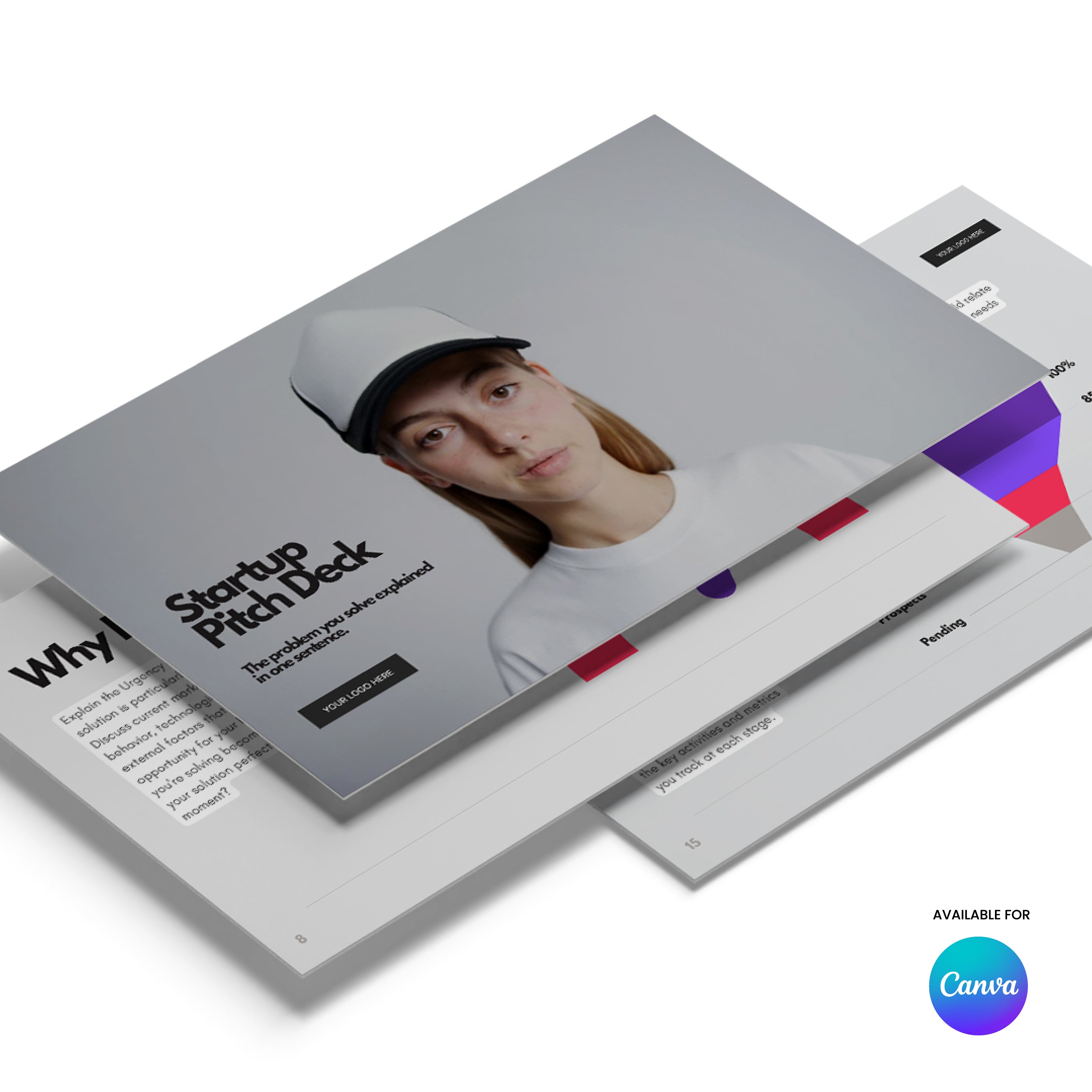 A stack of animated Canva slides from the Forma 10 Collection showcases the Tech Startup Pitch Deck Template – Investor Presentation & Business Overview. The top slide features a person in a white shirt and cap with Startup Pitch Deck text and Canva logo.