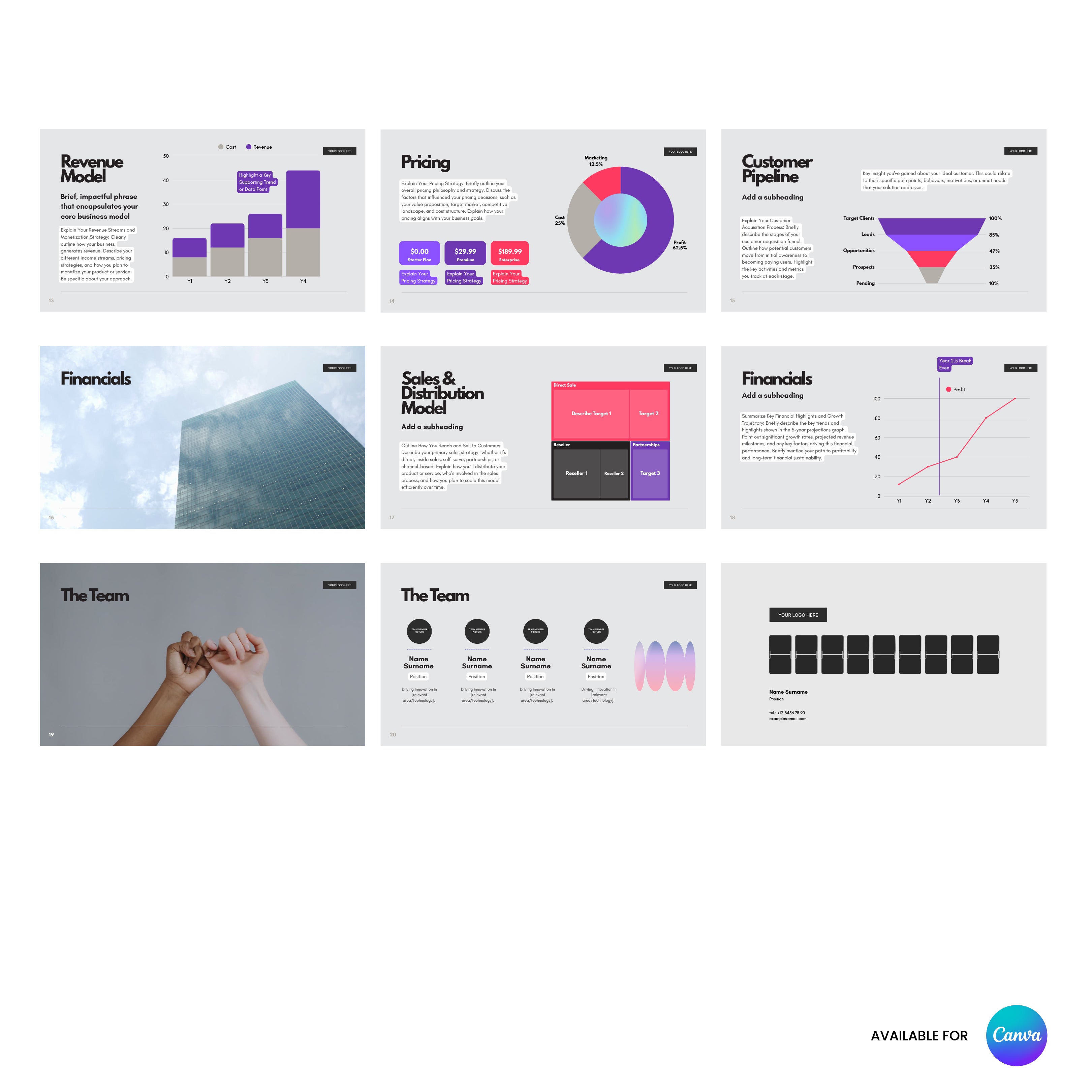 The Tech Startup Pitch Deck Template - Animated Canva Slides from the Forma 10 Collection is an investor presentation with charts, graphs, and text on revenue, pricing, pipeline, financials, sales model, and team. Includes building and teamwork photos.
