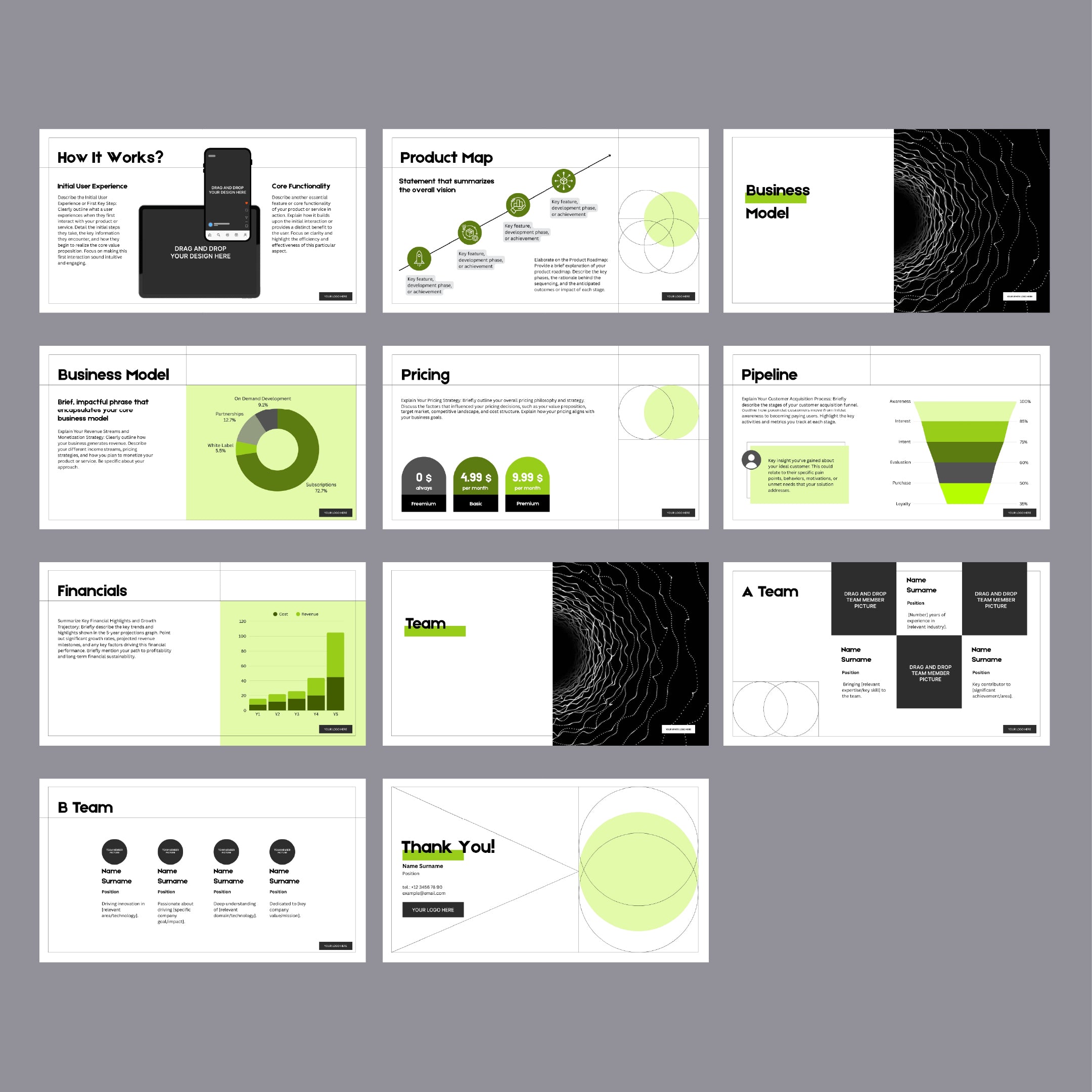 The Animated Canva Pitch Deck Template for Startups from the Forma 20 Collection features 12 editable slides with diagrams, charts, and insights on business models and more in a sleek green, black, and white on gray—perfect for investor or client presentations.