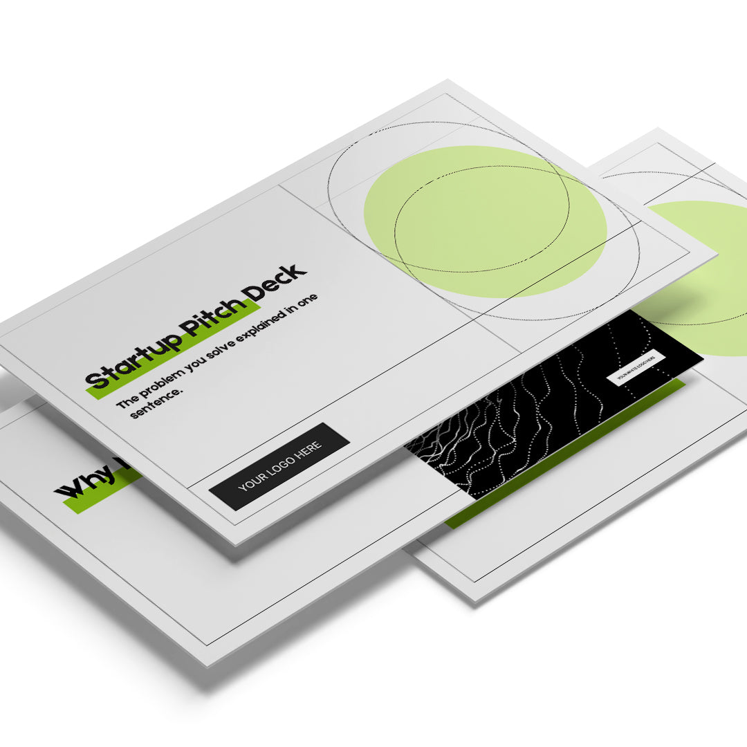 The Animated Canva Pitch Deck Template for Startups – Forma 20 Collection is a modern, minimalistic business presentation for investors, featuring abstract green circles, placeholders, and a logo space—ideal as an editable animated pitch deck.
