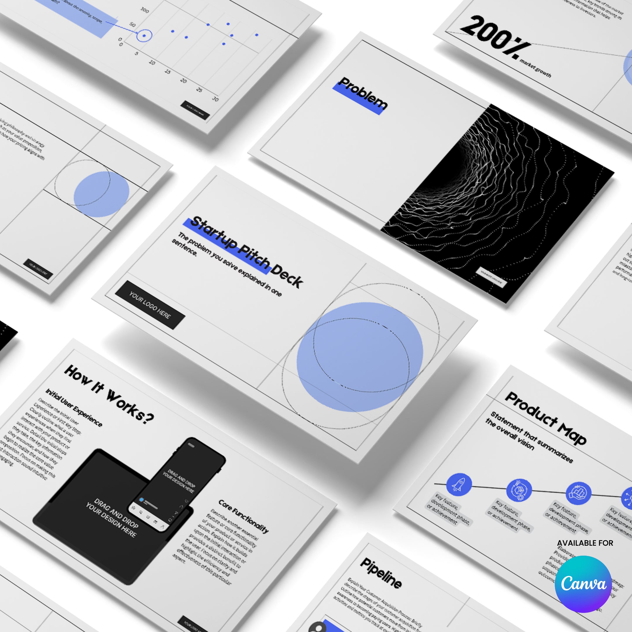 The Investor Pitch Deck Template for Canva – Animated Slides from the Forma 20 Collection features minimalist layouts with blue and black accents, charts, and diagrams—ideal for early-stage startup fundraising and accelerator presentations. Includes Canva logo.