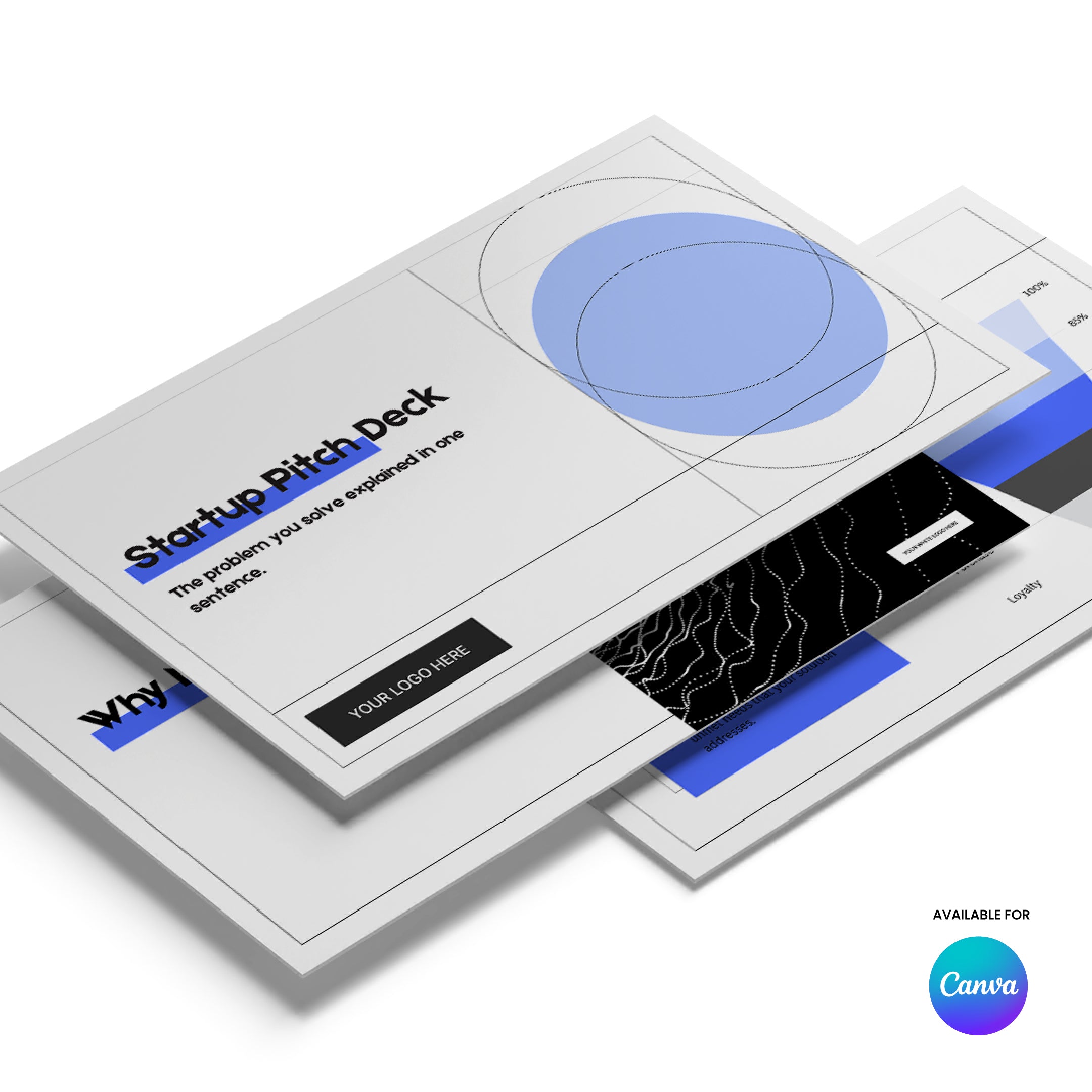 A digital mockup displays overlapping slides from the Investor Pitch Deck Template for Canva – Animated Slides (Forma 20 Collection), designed for startups, with white, black, and blue geometric graphics. The Canva logo is in the bottom right corner.