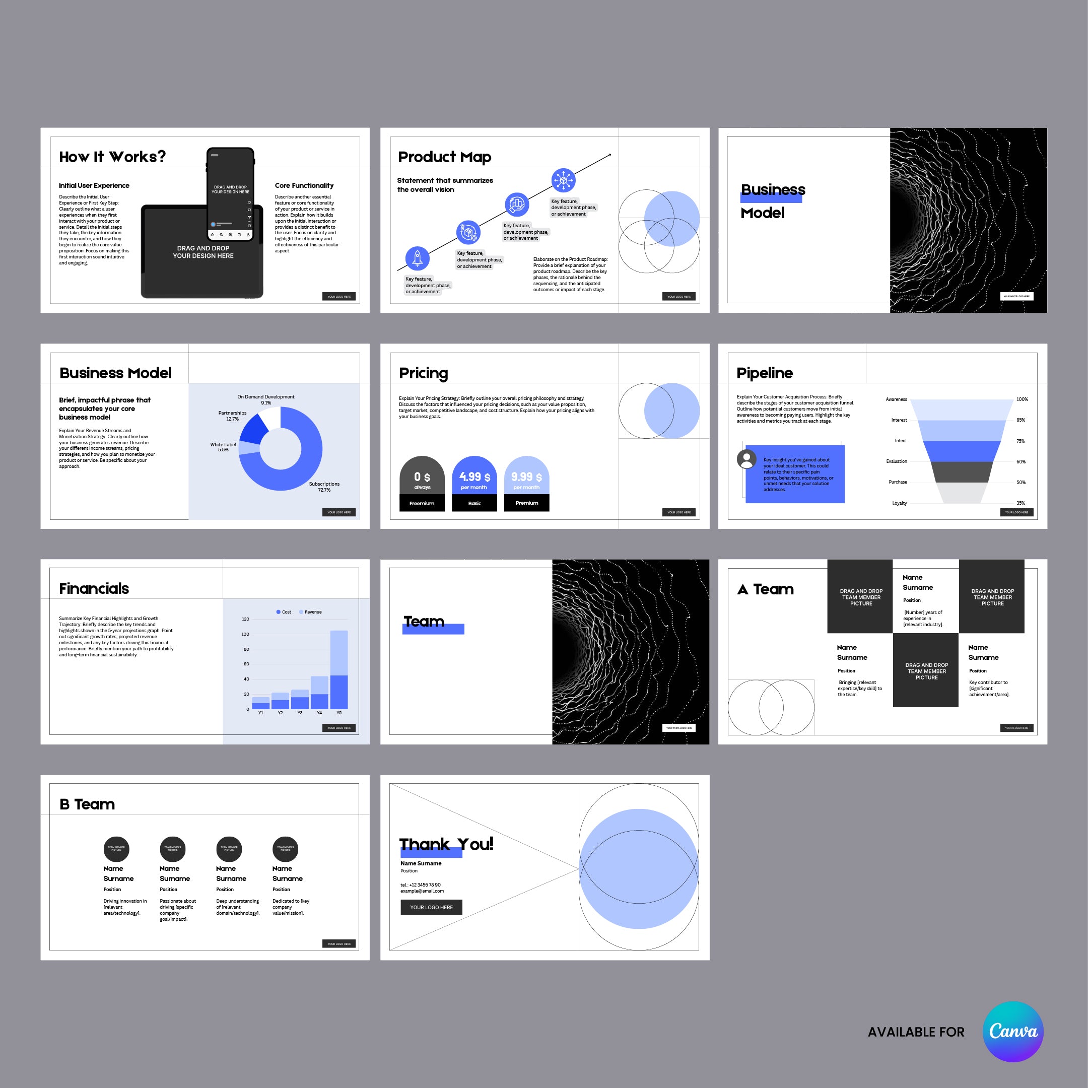 The Investor Pitch Deck Template for Canva – Animated Slides from the Forma 20 Collection offers a 12-slide gray minimalist deck for startups, covering product map, model, pricing, pipeline, financials & team—ideal for fundraising. Includes Canva logo bottom right.
