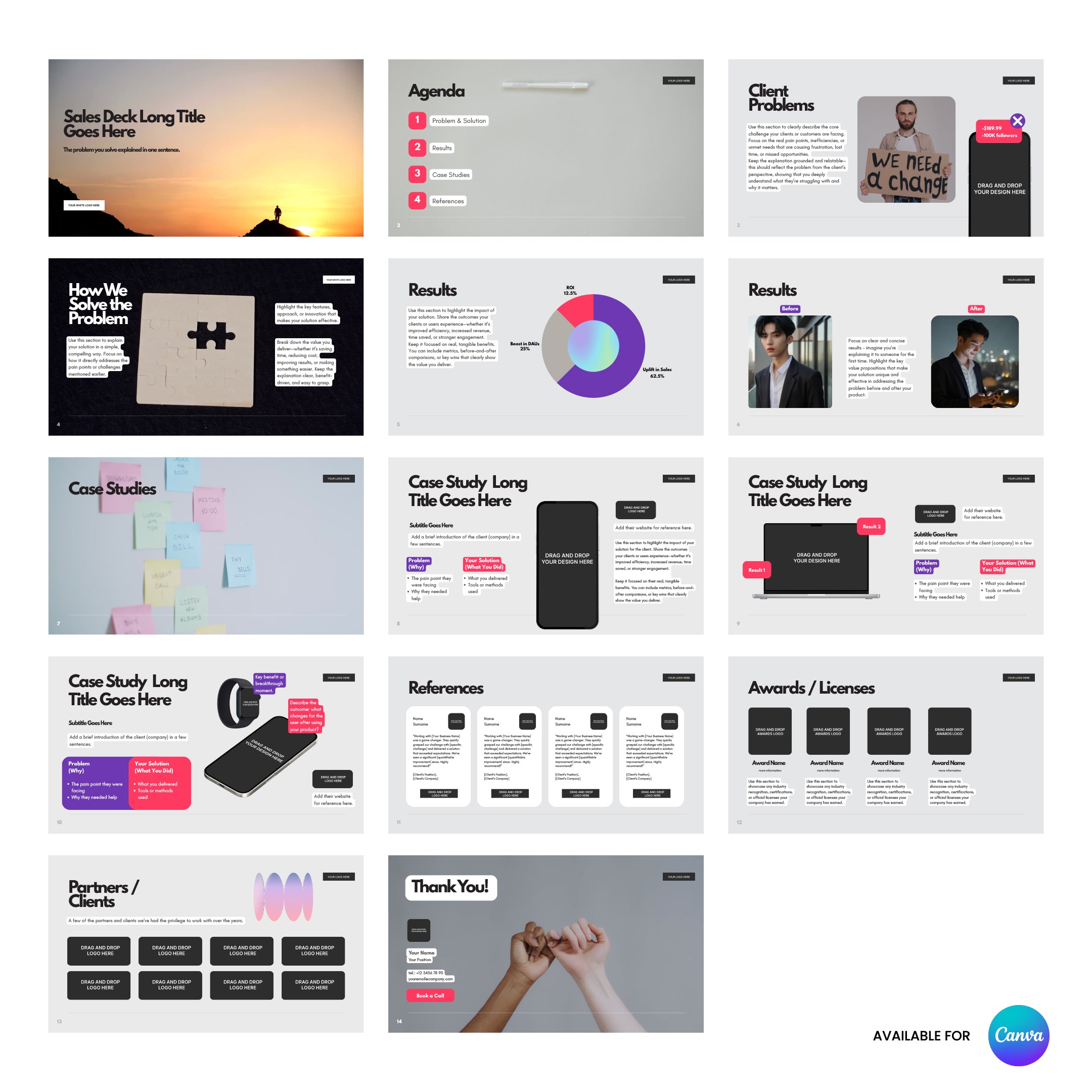 Preview of the Sales Presentation Template for Canva - Forma 10 Collection: 15 editable slides for business and product pitch decks, including agenda, solutions, case studies, charts, references. Canva logo at bottom right.