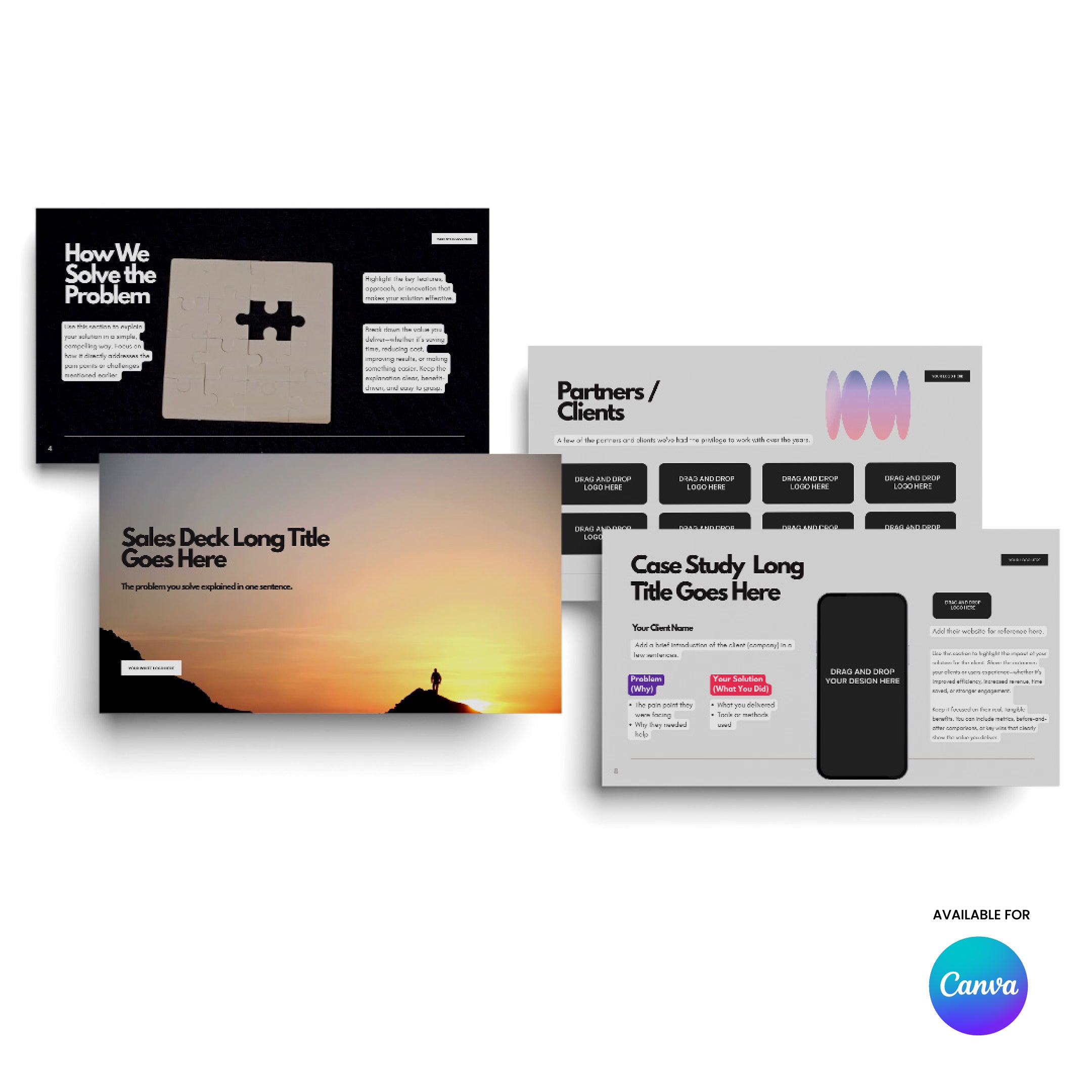 The Sales Presentation Template for Canva (Forma 10 Collection) includes four editable slides with diverse layouts, puzzle piece graphic, color swatches, sunset silhouette, and smartphone mockup—ideal for business and product pitch decks. Canva logo in bottom right.