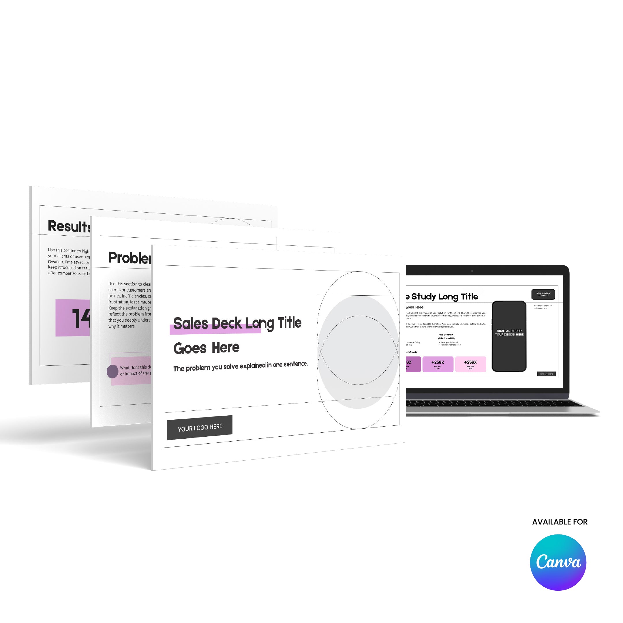 The Editable Sales Deck Template for Canva - Forma 20 Collection features white slides with purple accents next to a laptop displaying a matching slide and “Available for Canva template” text—perfect for your next business presentation.