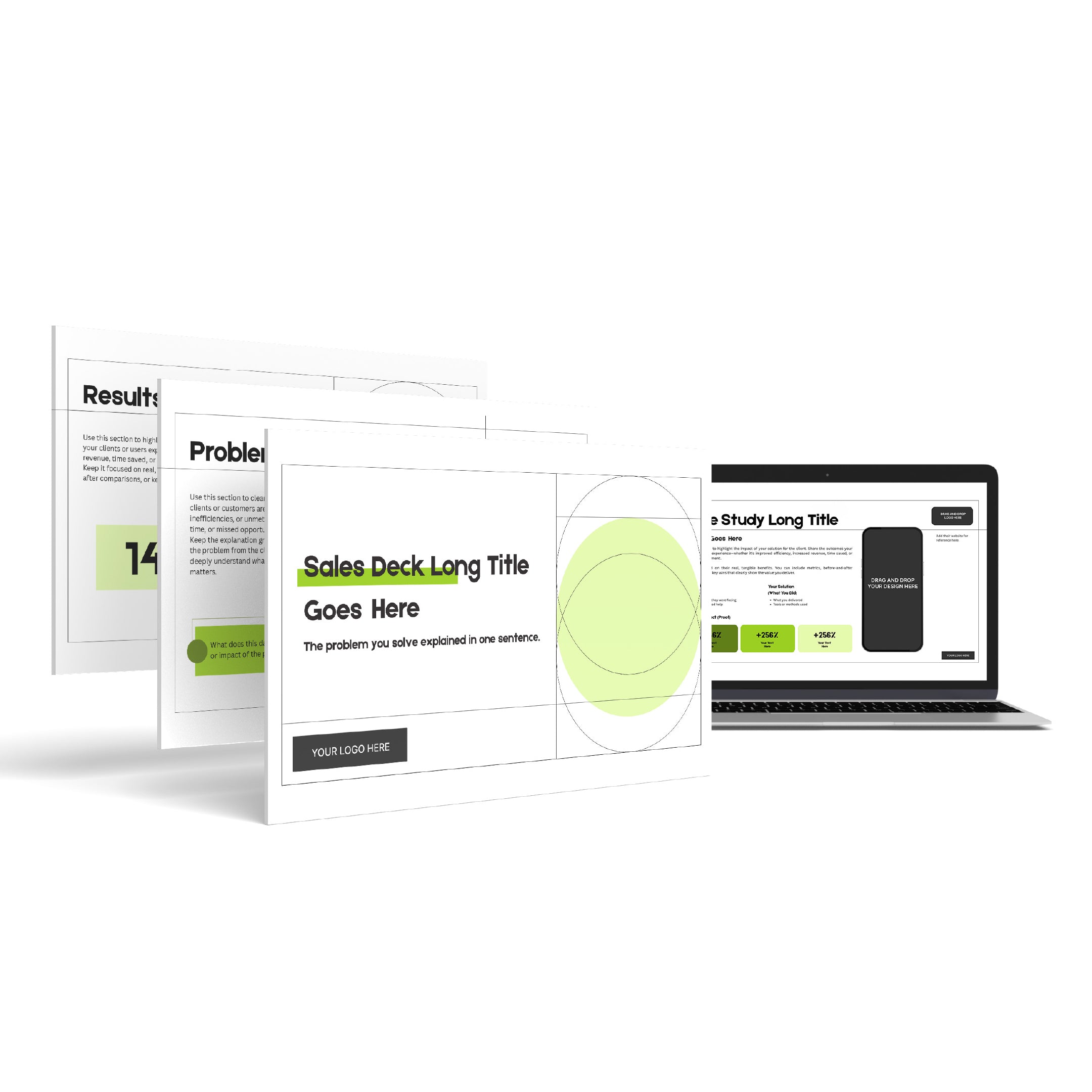 The Canva Sales Deck Template - Forma 20 Collection is shown with three matching slides featuring text, graphics, and a logo placeholder in a white and green color scheme, displayed next to an open laptop with the same design.