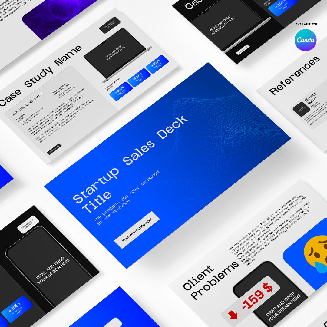 The Startup Sales Deck Template for Canva from the Forma 30 Collection features blue modern layouts, case study and client problem slides, references, a title slide, and an editable pitch presentation—all with a Canva logo in the corner.