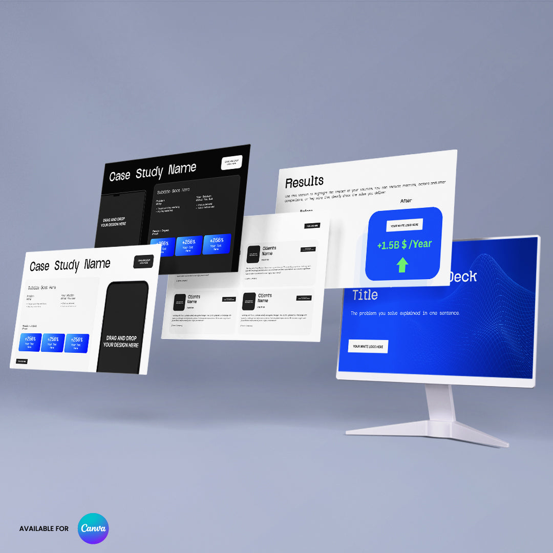 A monitor shows digital slides with case studies, sales deck templates, results, blue buttons, and text blocks from the Startup Sales Deck Template for Canva - Forma 30 Collection. The Canva logo appears in the lower left on a gray background.
