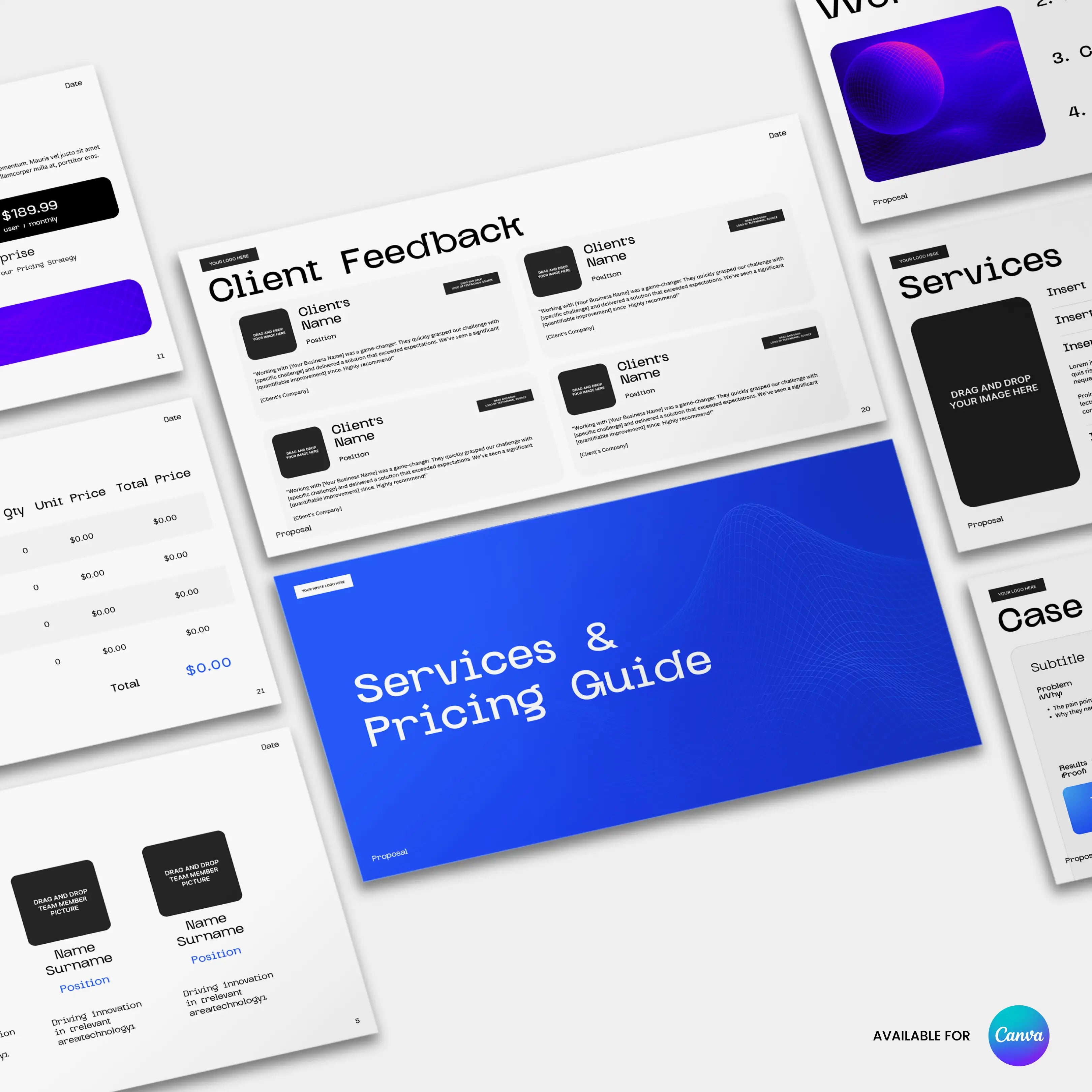 The Bold Blue Proposal & Pricing Template - Canva Editable | Forma 30 features a white and blue color scheme, minimal text, icons, and slides for feedback, services, pricing, and case studies in an editable Canva proposal format.