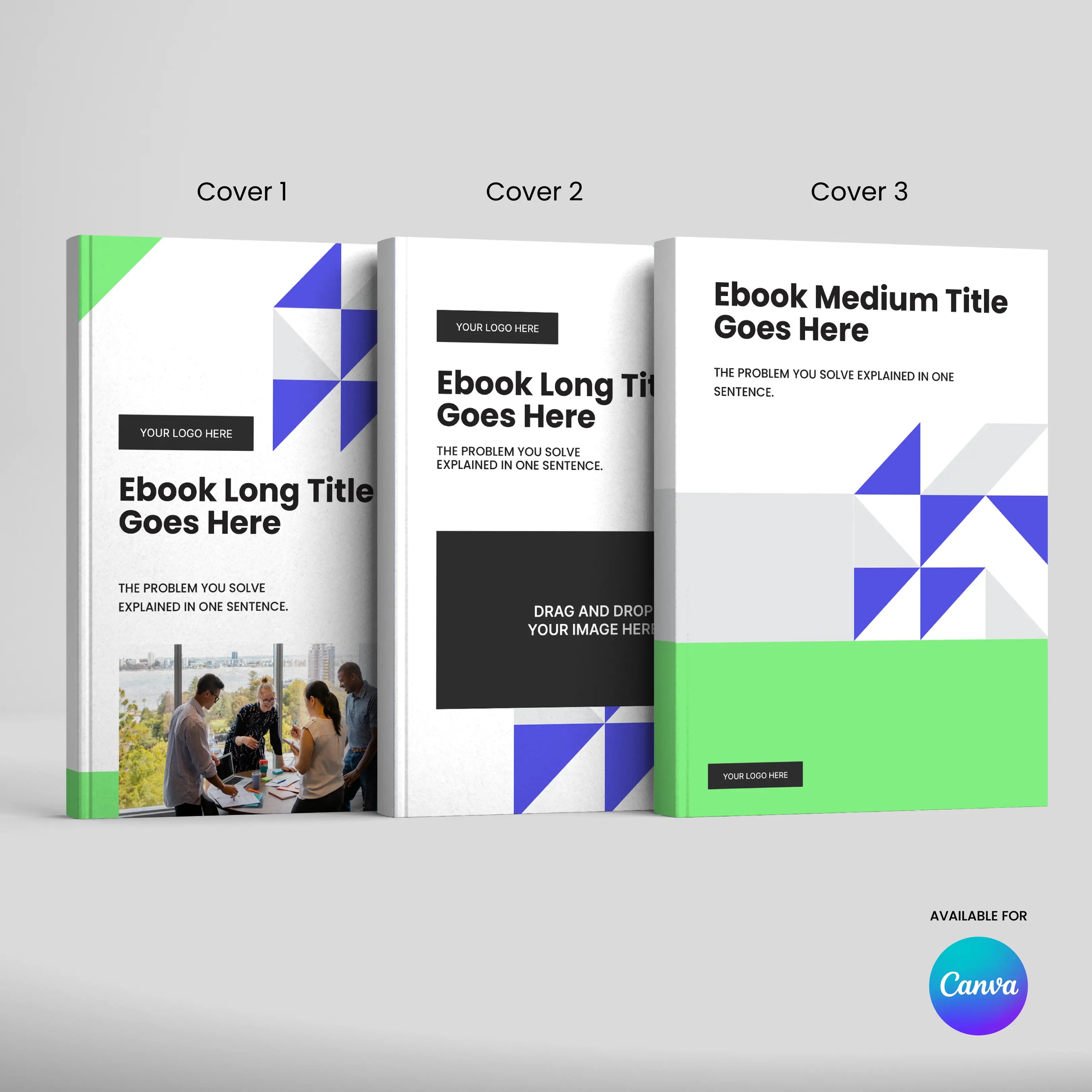 Three Ebook Template for Canva covers from the Forma 40 Collection are shown side by side, each with clean geometric blue, green, and gray designs. Editable text and logo placeholders are visible along with a Canva logo at the bottom right.