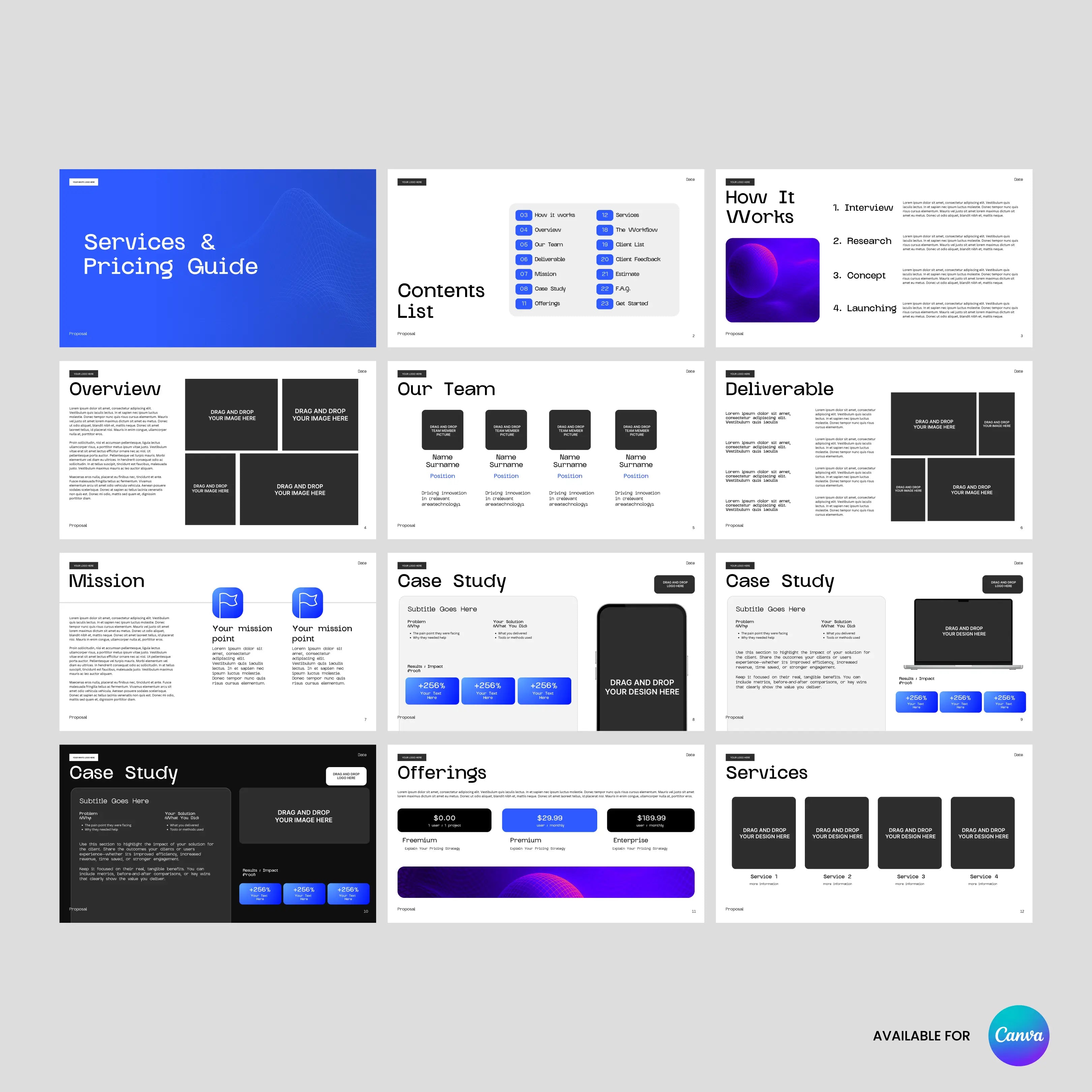 The Bold Blue Proposal & Pricing Template - Canva Editable | Forma 30 features 12 client presentation slides on a gray background, with sections like Services & Pricing Guide, How It Works, and Case Study, plus an editable Canva proposal template logo.