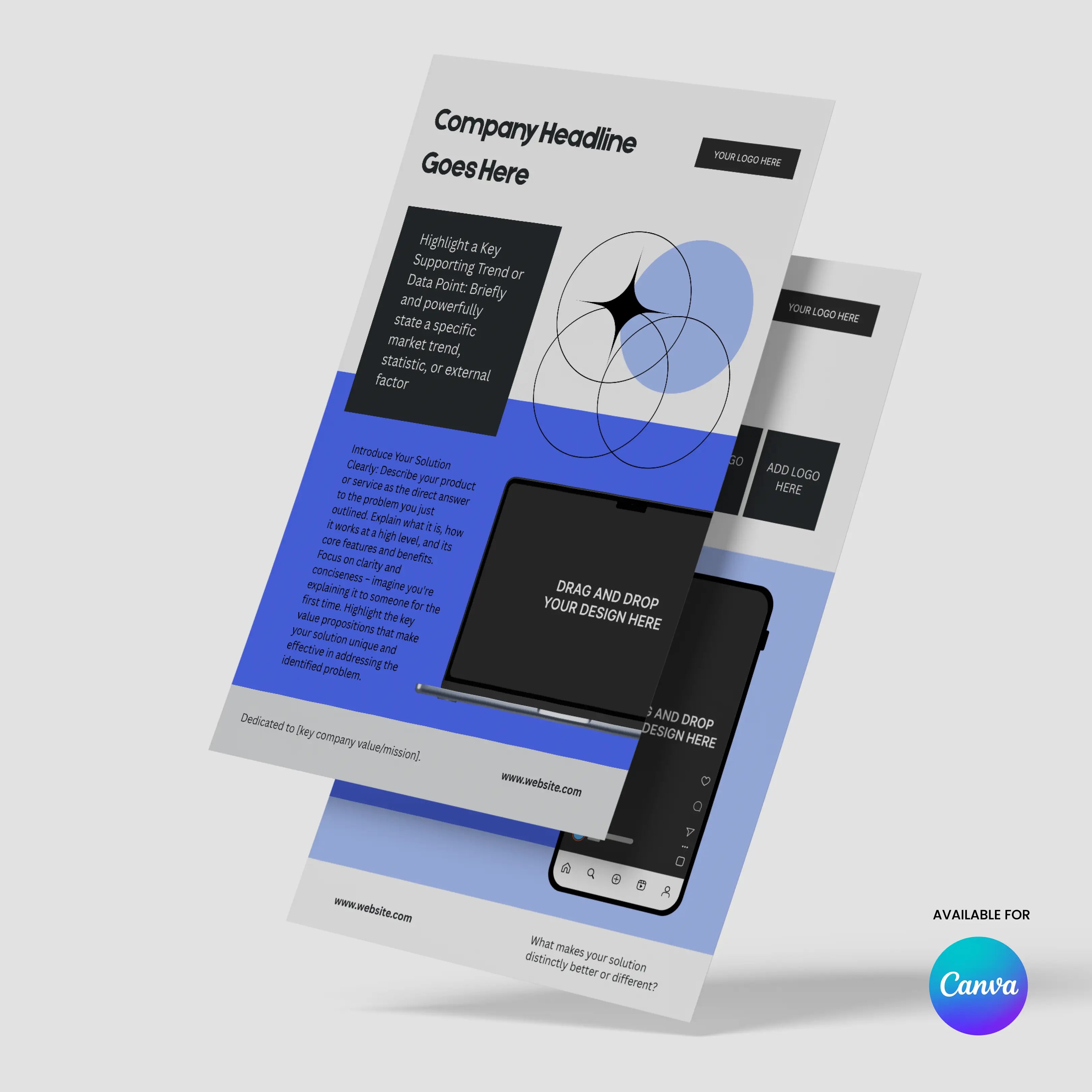 Two overlapping business flyers in blue and white with abstract graphics, black text areas for headlines, descriptions, and images—ideal as the One Pager Template for Canva – Forma 20 Collection for startup features or investor handouts. “Available for Canva” badge shown.