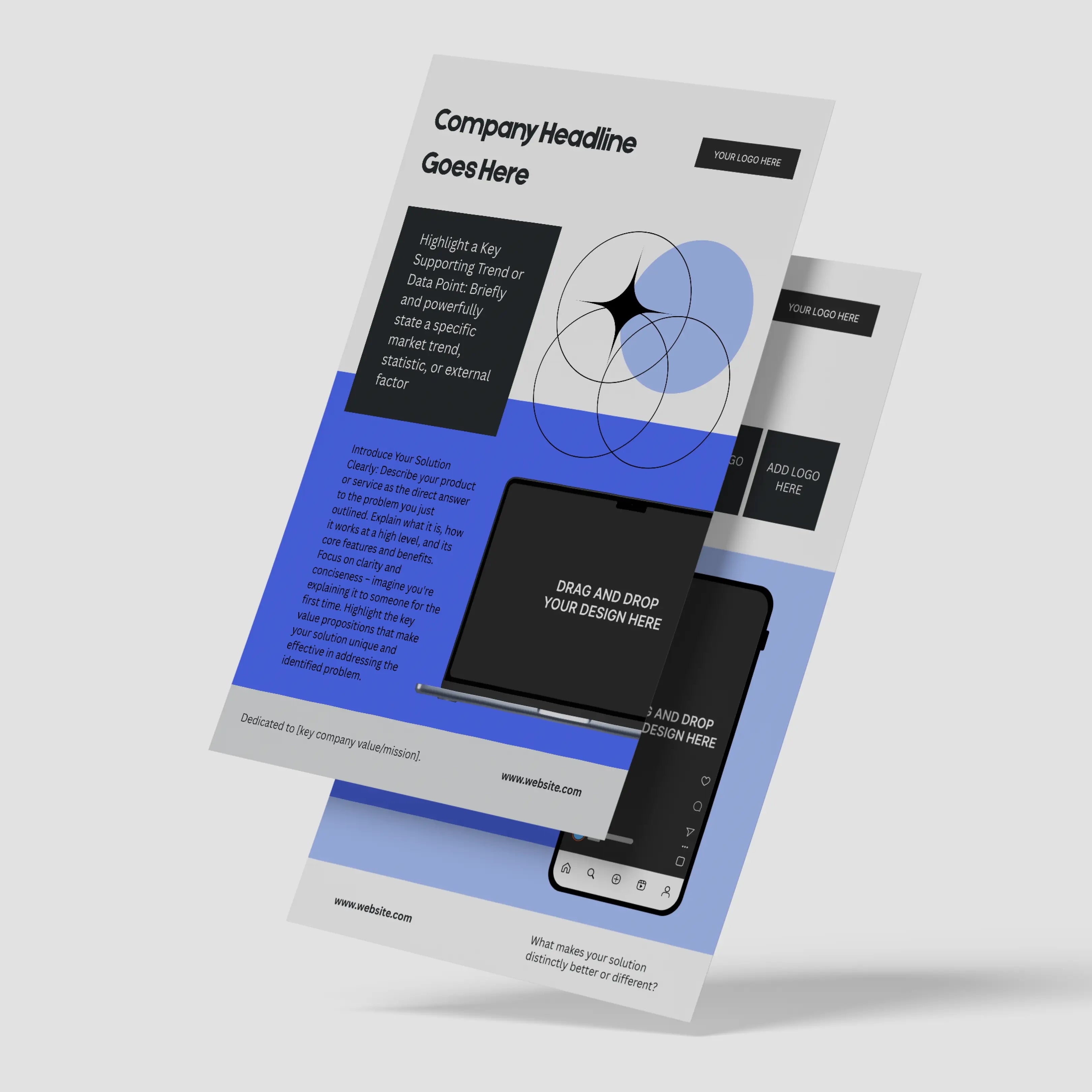 The One Pager Template for Canva – Forma 20 Collection features two modern, overlapping business flyers with abstract blue circles, Venn diagram, headline and company info sections, plus a laptop mockup—ideal for startup sales or investor handouts.