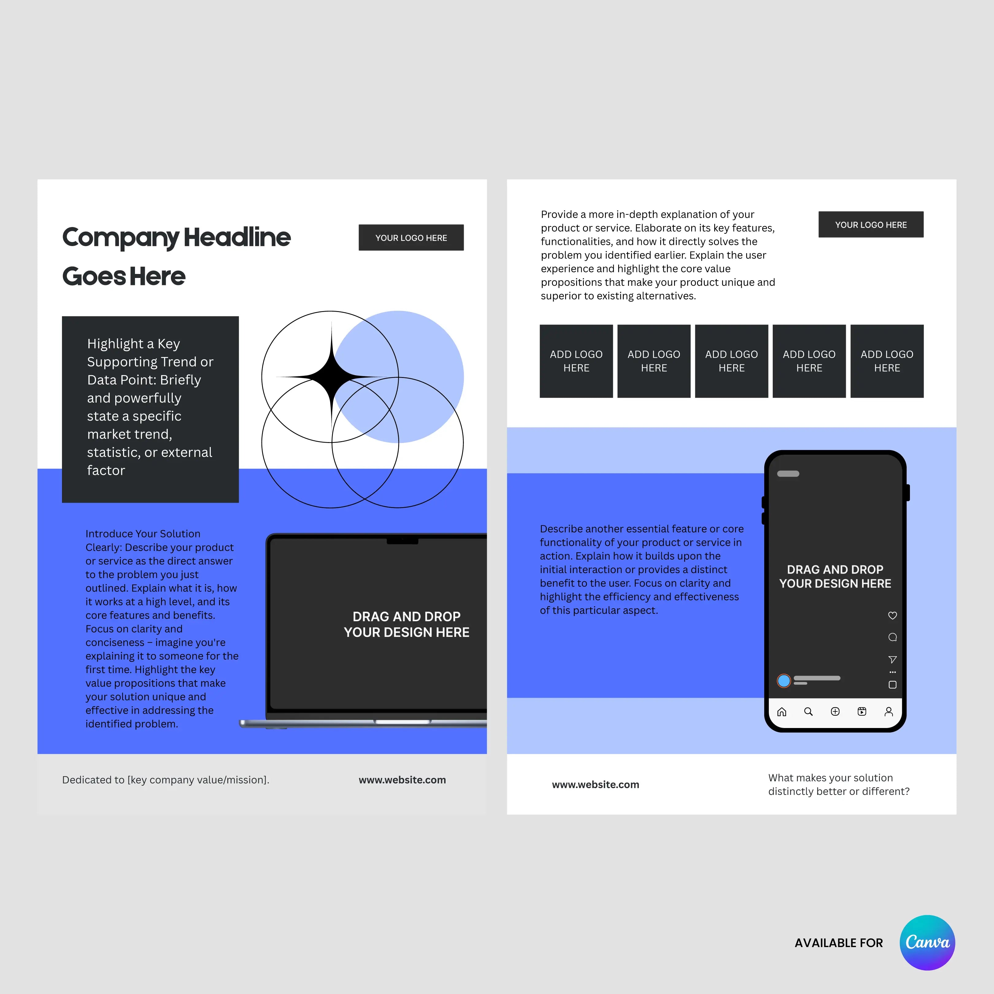 The One Pager Template for Canva – Forma 20 Collection is a two-page, editable startup sheet featuring a Venn diagram, laptop and smartphone graphics, text areas, logos, and image sections—ideal for presenting product features or investor handouts.