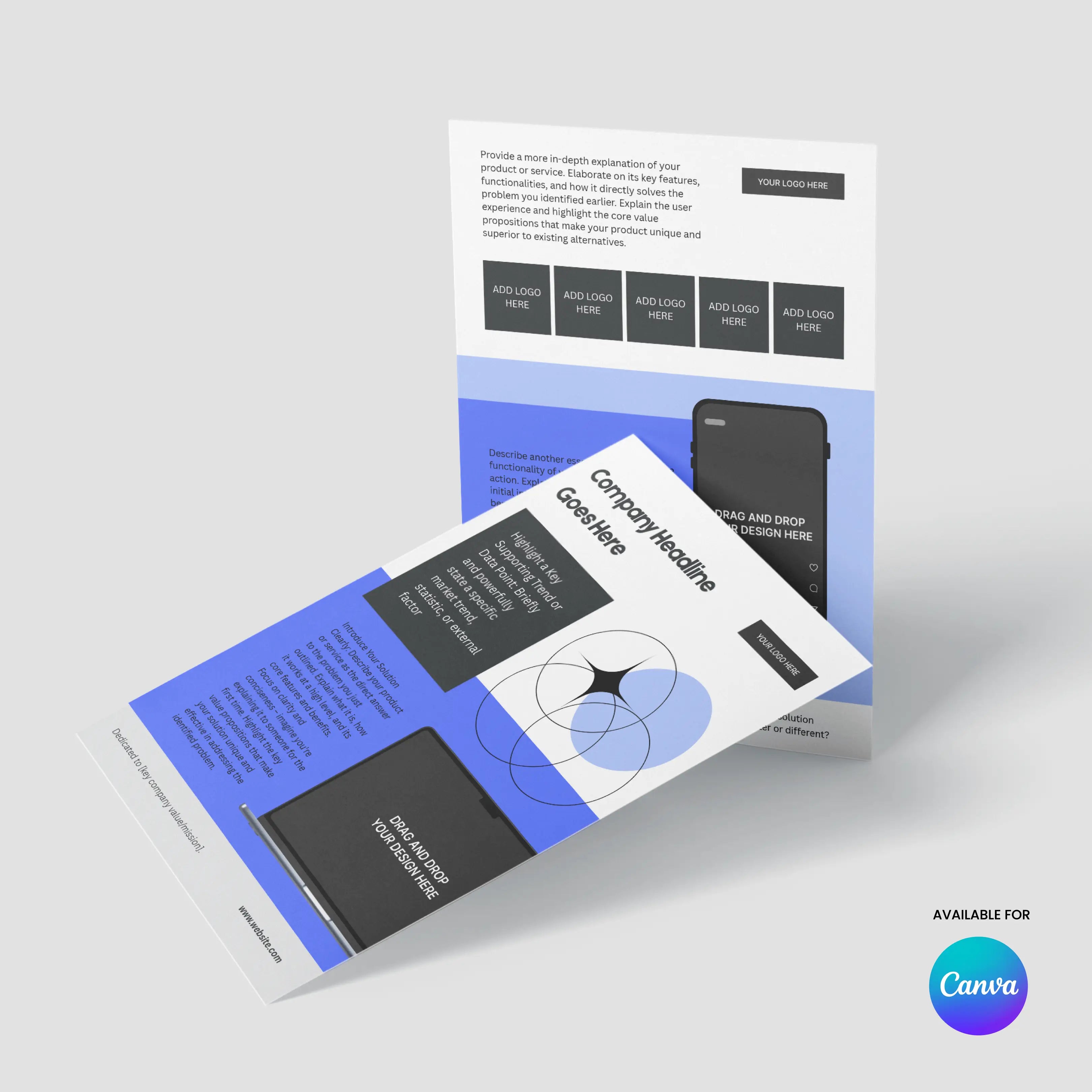 Two double-sided flyers from the Forma 20 Collections One Pager Template for Canva are shown on a light gray background, featuring blue, white, and black sections—perfect for editable startup sheets, product features, sales, or investor handouts.