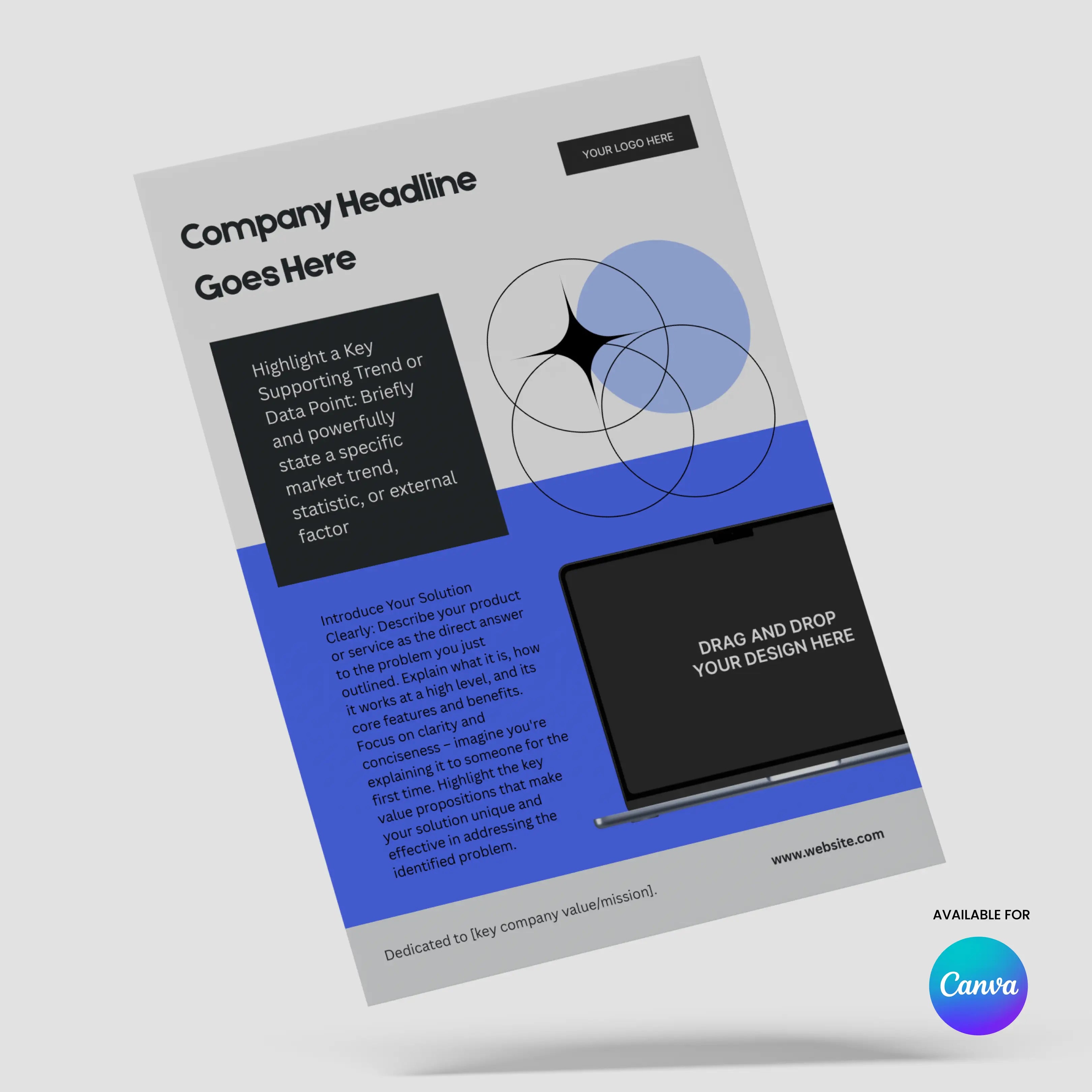 The One Pager Template for Canva – Forma 20 Collection features a geometric blue and black layout, editable headline/info sections, a drag-and-drop design area, and includes a website URL at the bottom—ideal for startup sales and investor handouts.