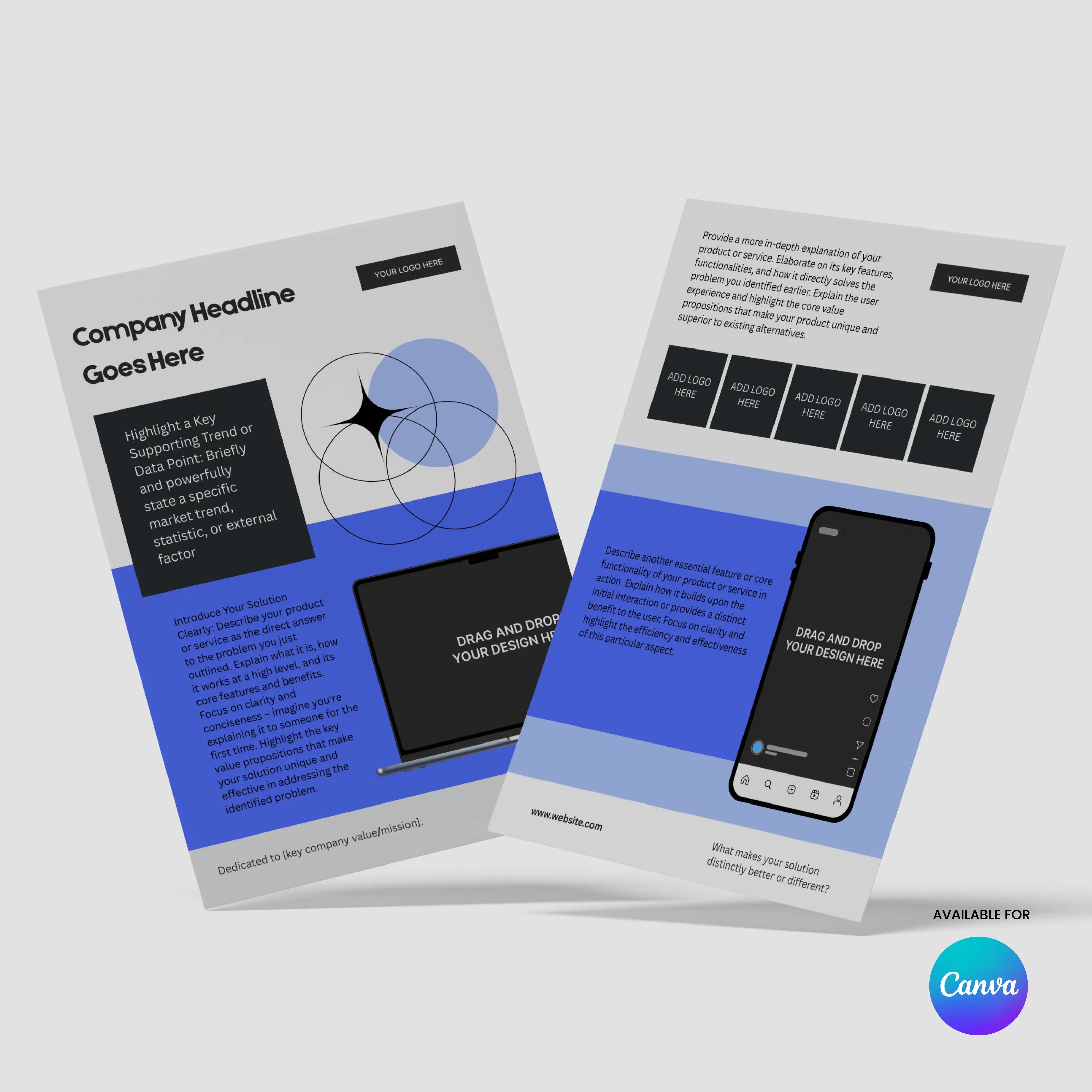 The One Pager Template for Canva – Forma 20 Collection features two editable startup sheets in blue, gray, and black with geometric designs—ideal for product features, sales decks, investor handouts, or startup presentations.