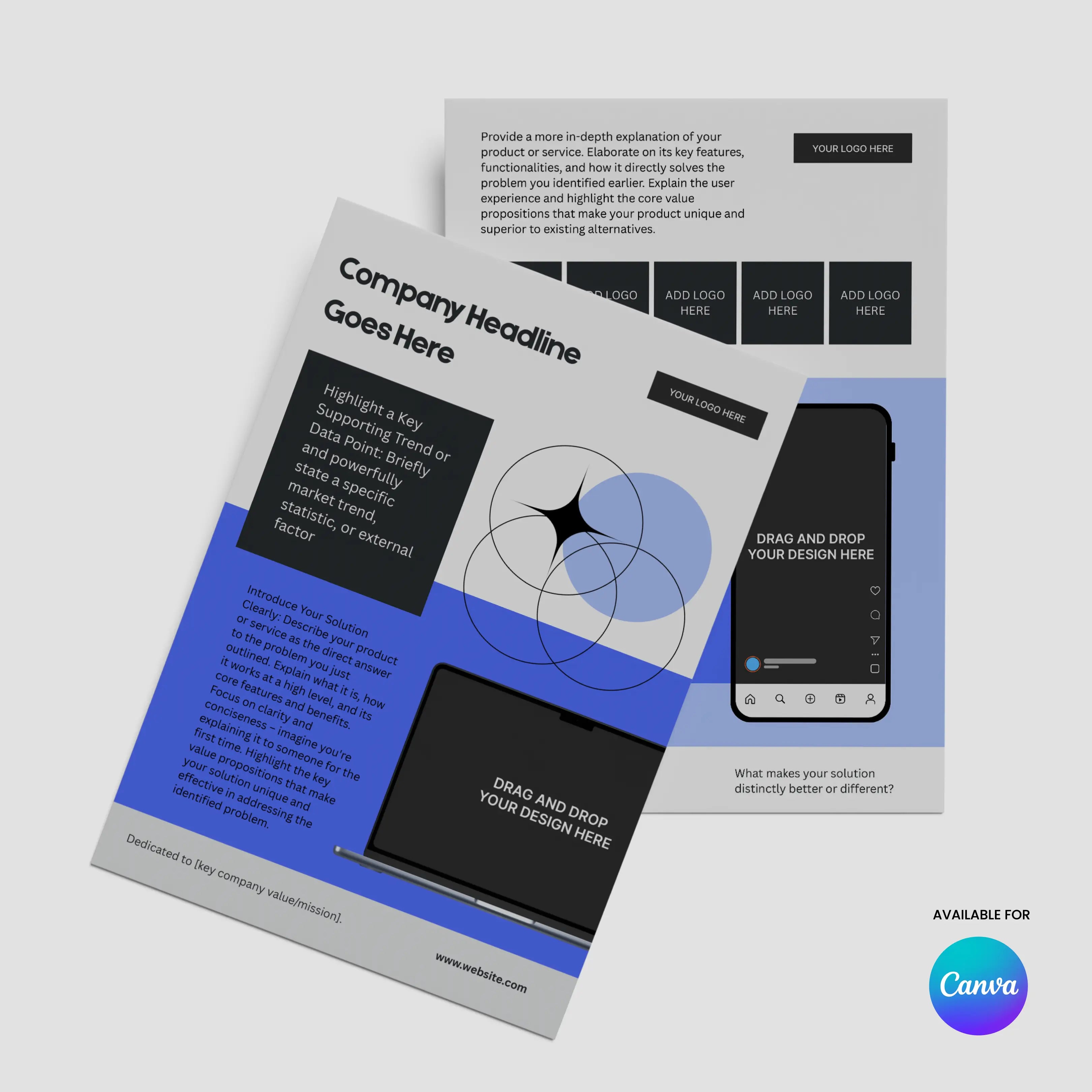 The One Pager Template for Canva – Forma 20 Collection is an editable startup sheet with blue and gray accents, sample text, placeholder images, overlapping circles graphic, and space for your logo—perfect for showcasing product features or investor handouts.