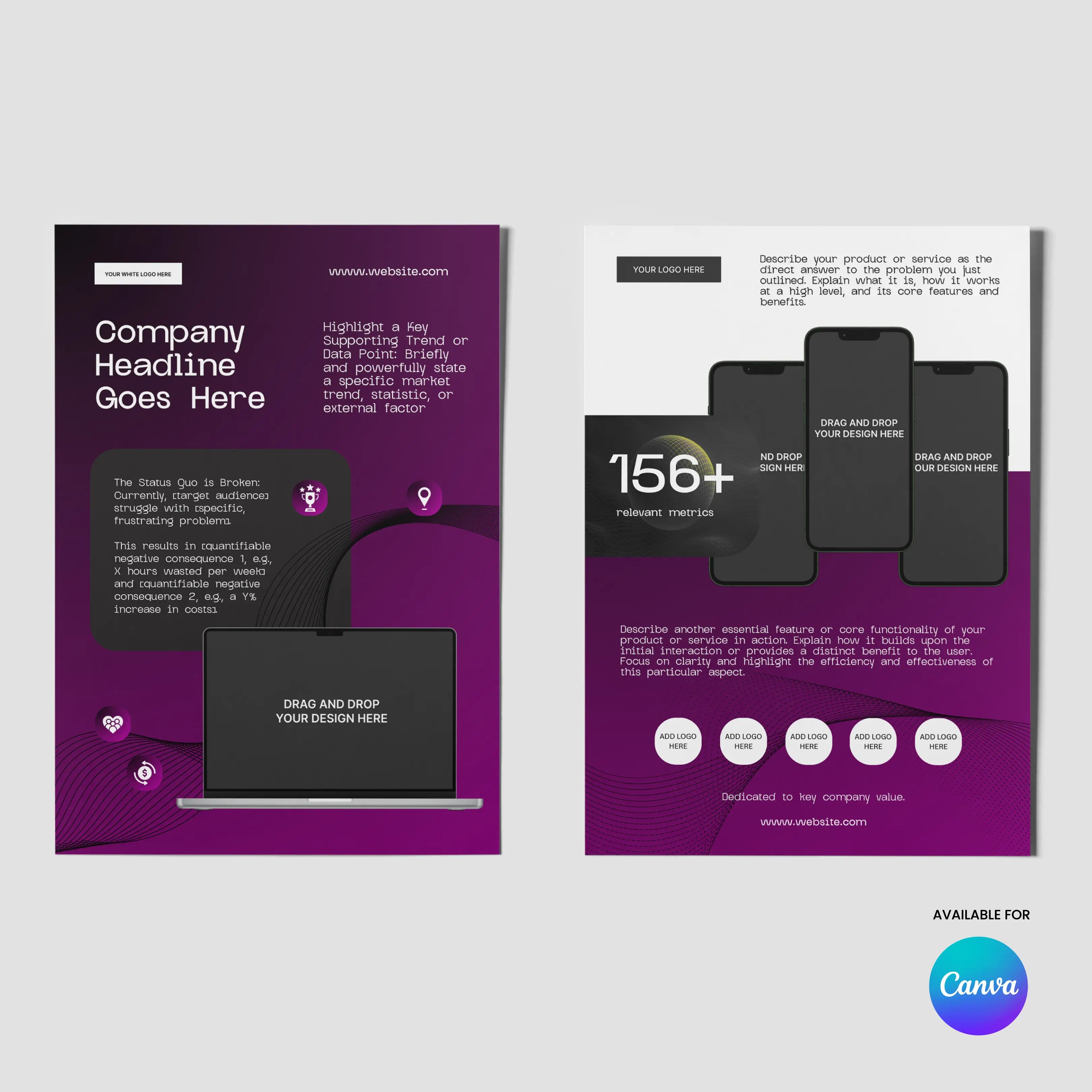 The Forma 30 One Pager Template for Canva is an editable product and case study sheet for startups, tech, and sales teams. It features a purple gradient design with icons, device images, headline/text placeholders, and a Canva available label.