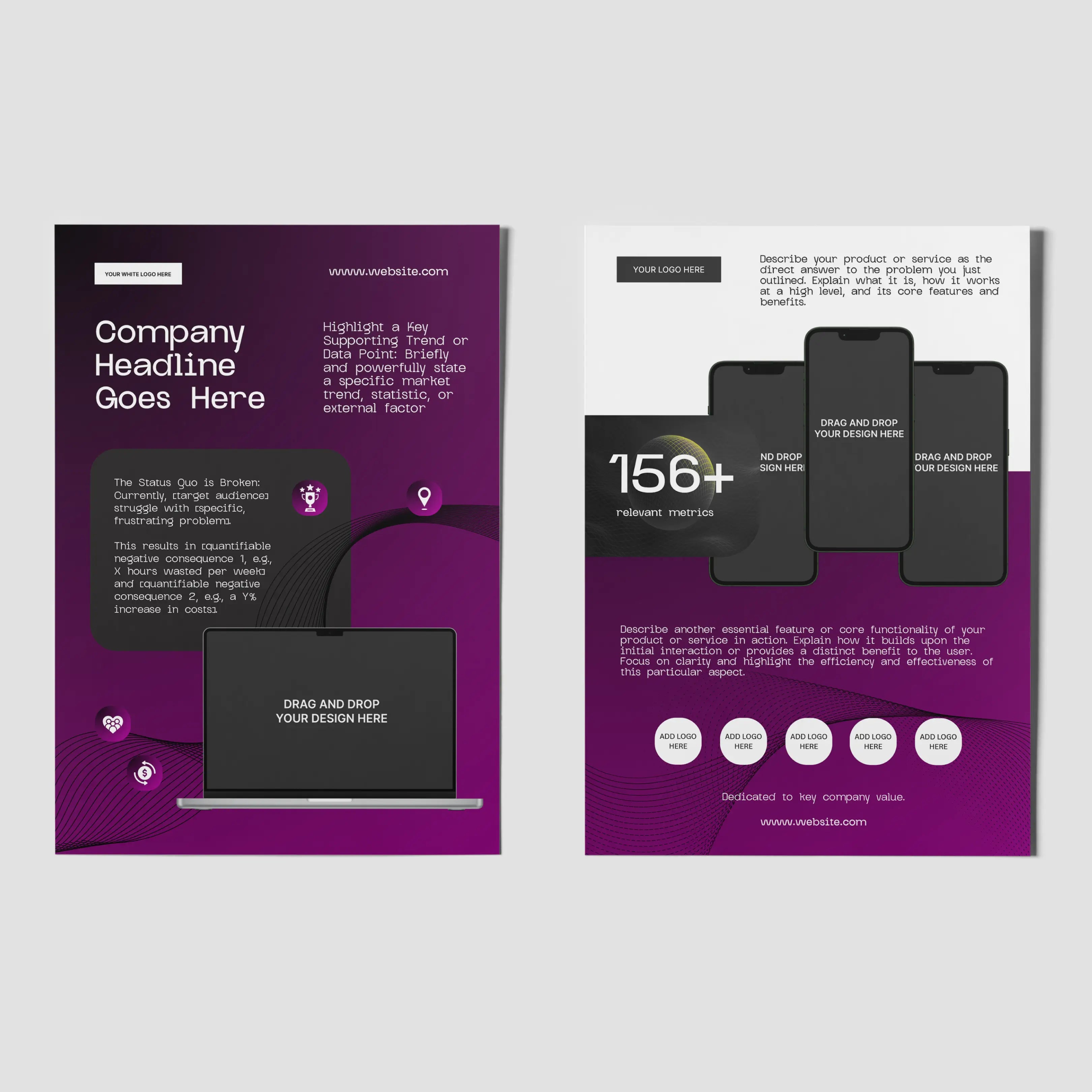One Pager Template for Canva – Forma 30 Collection: editable business flyers in purple and black, featuring laptop and smartphone graphics, stats, and text boxes—perfect for startup case studies, tech sales teams, or product sheets.