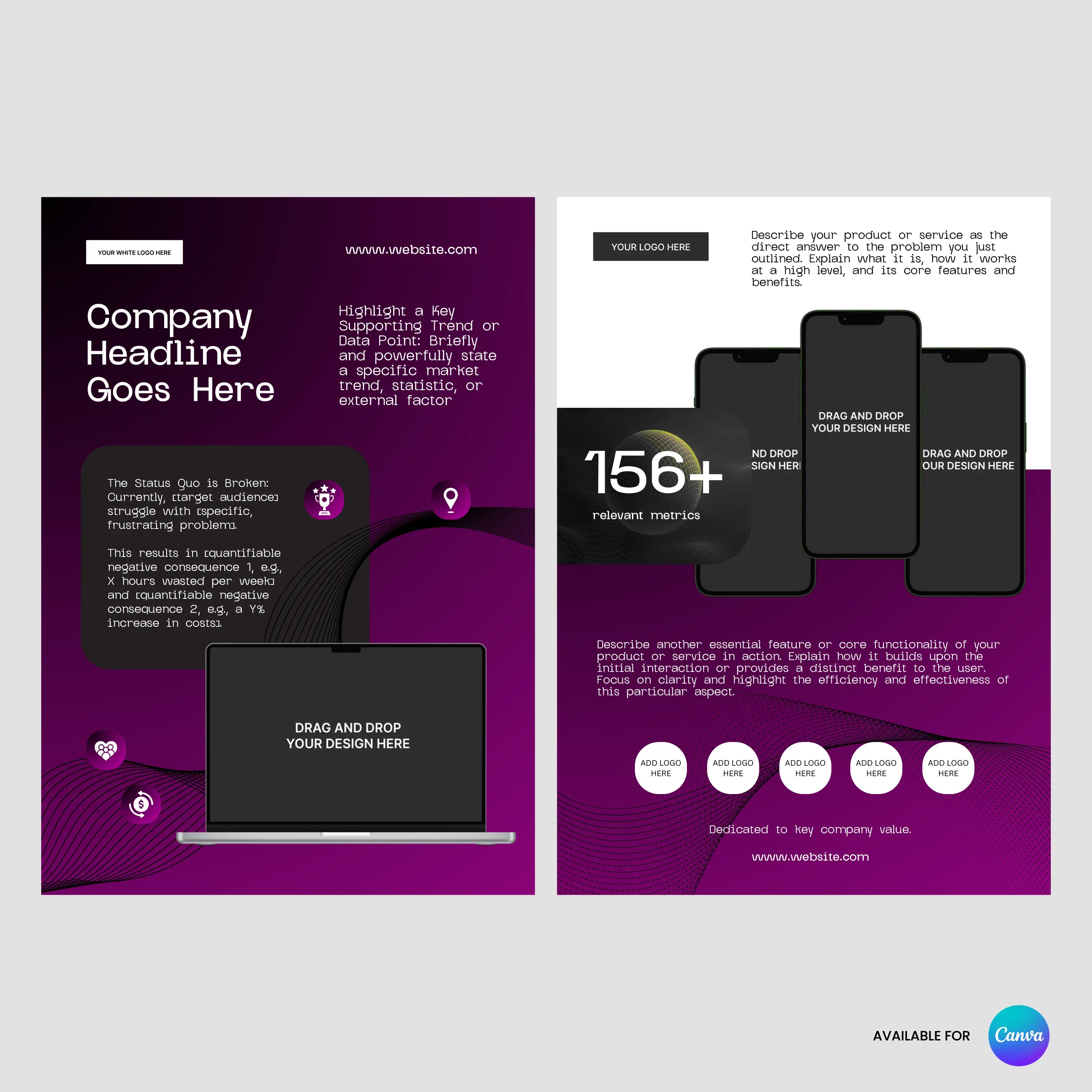 The One Pager Template for Canva from the Forma 30 Collection is perfect for tech startups—featuring editable two-page layouts with black and purple gradients, text sections, a laptop graphic, and three overlapping smartphones to showcase services.