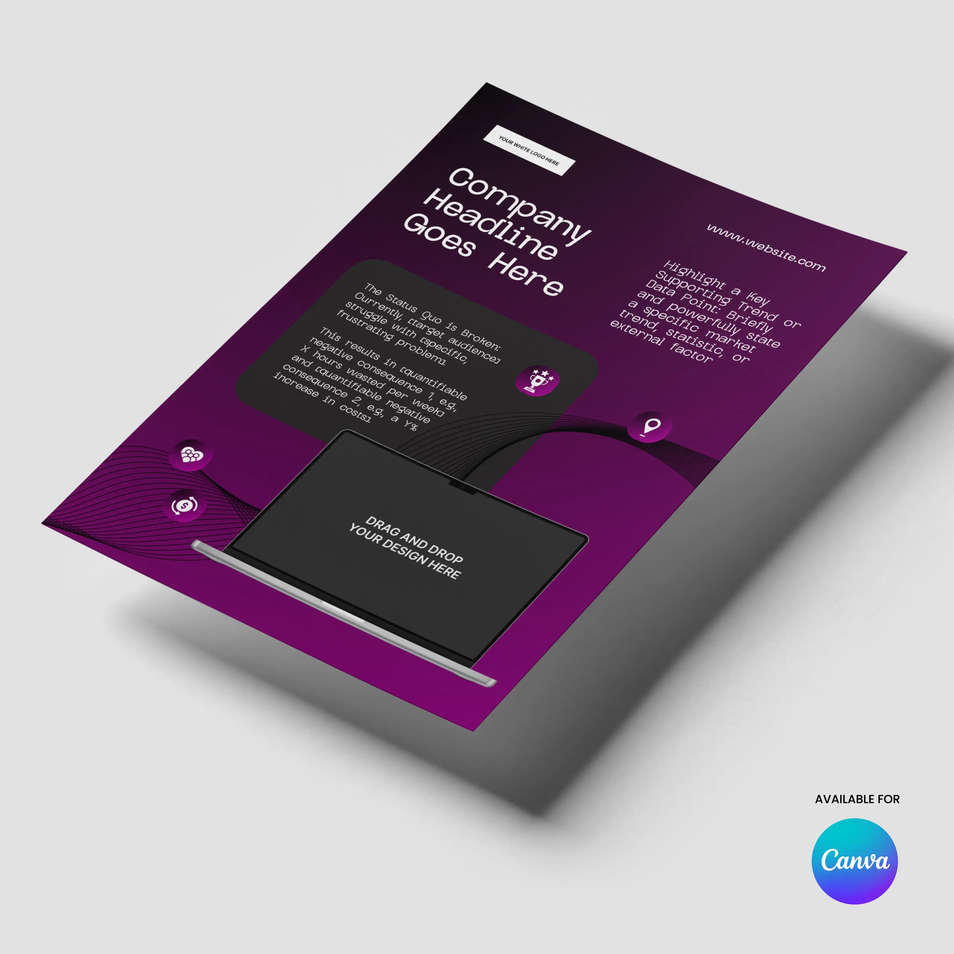 The One Pager Template for Canva - Forma 30 Collection features a purple gradient, white text zones, laptop graphic, and Canva logo—ideal as an editable product or case study sheet for startups, tech firms, and sales teams.