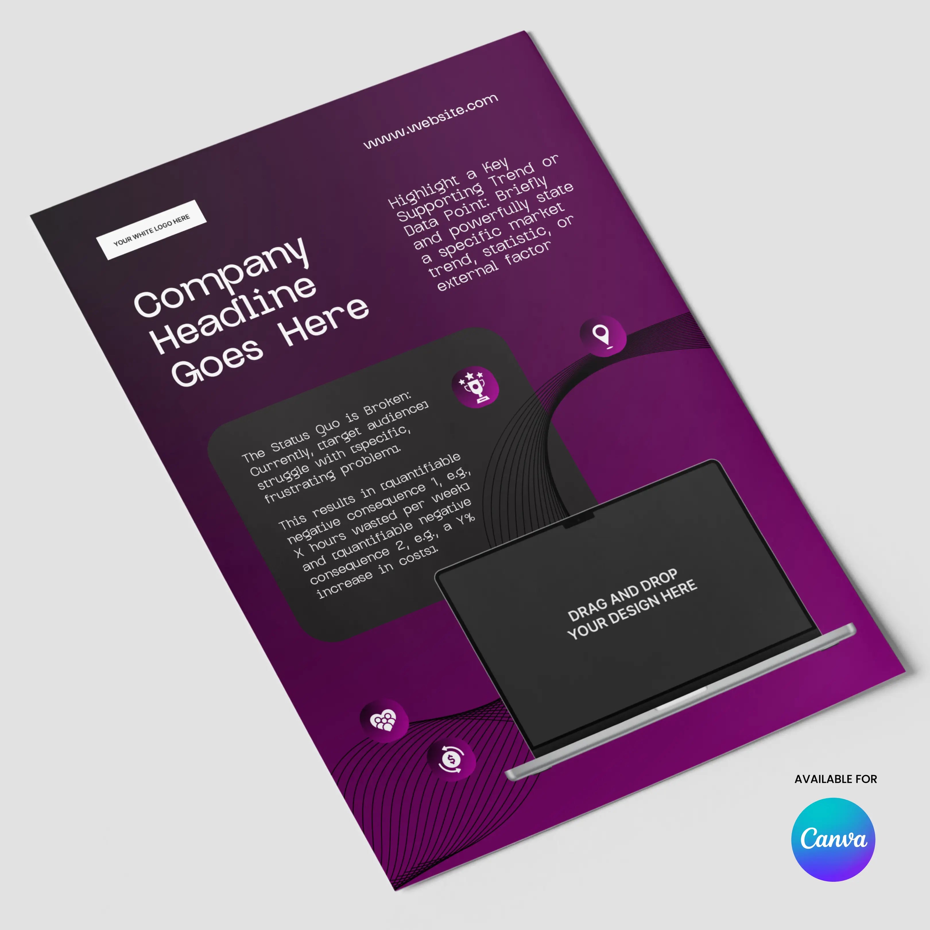 Promote your startup with the One Pager Template for Canva from the Forma 30 Collection—an editable purple flyer with white and black text, icons, and a laptop graphic. Perfect for product or case study sheets. Canva logo in the bottom right corner.