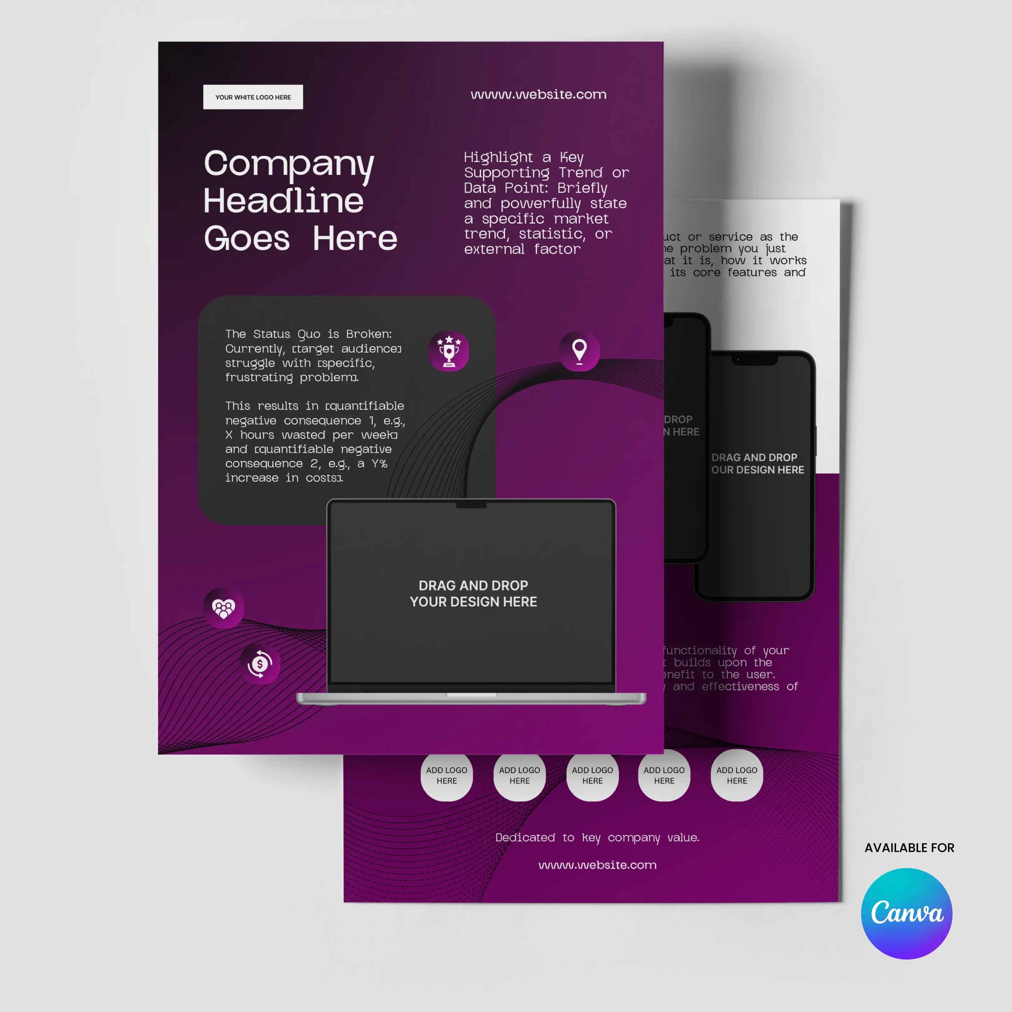 The One Pager Template for Canva - Forma 30 Collection features a purple gradient background, white text, and device placeholders—perfect as an editable product or case study sheet for tech startups and sales teams, with a Canva logo at bottom right.