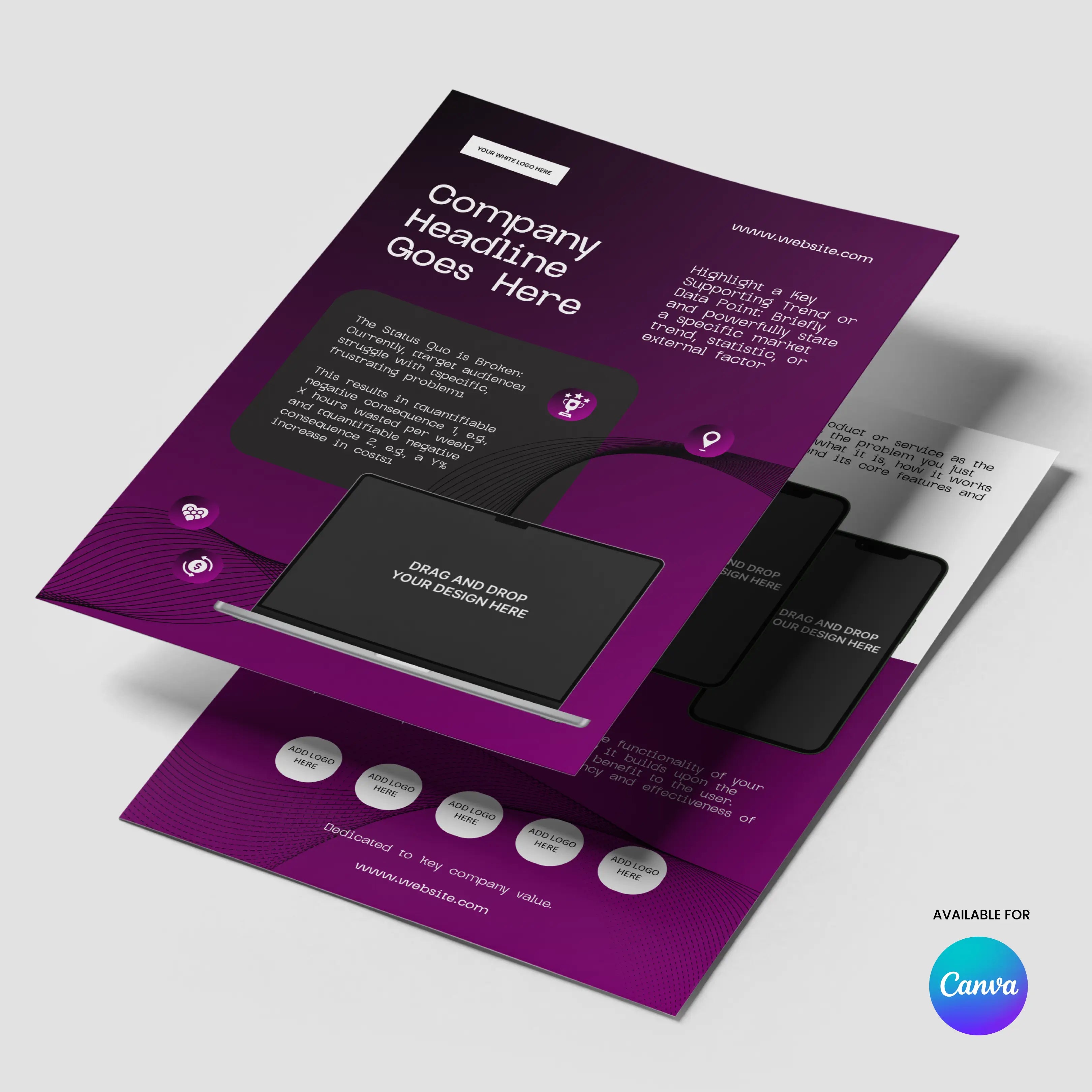 Showcase your startup with the Forma 30 One Pager Template for Canva. This editable sheet features a purple and dark gray design, laptop graphic, icons, headline and contact placeholders—ideal for product or case study flyers for tech and sales teams.