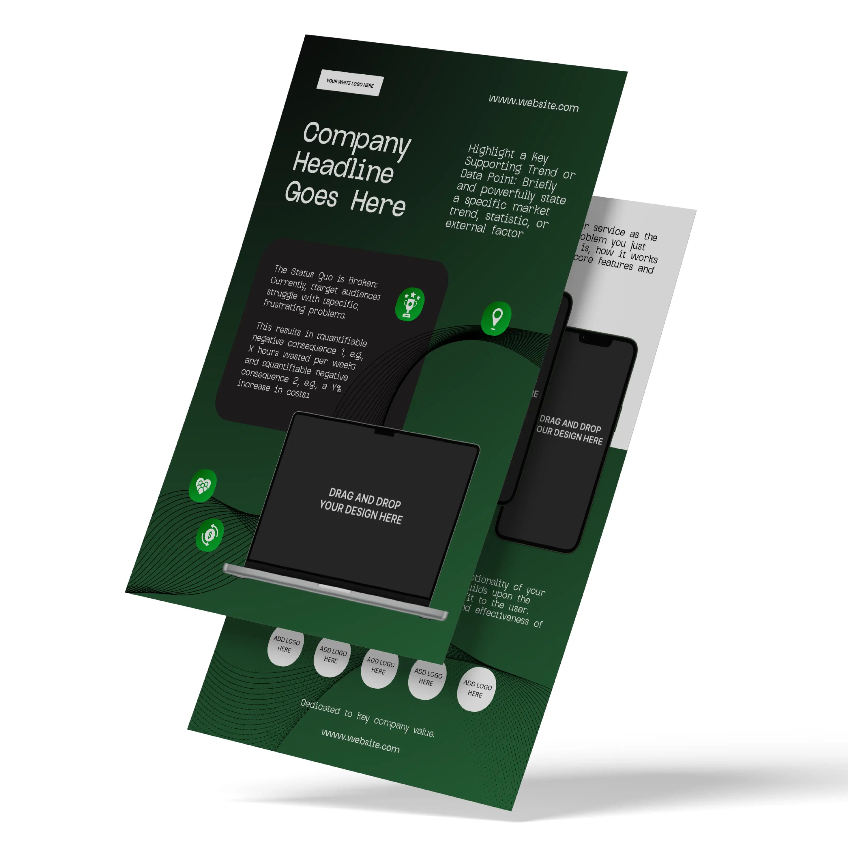 Showcase your SaaS with the One Pager Template for Canva – Forma 30 Collection. This green tech & startup case study layout features overlapping vertical flyers, a laptop and smartphone graphic, plus editable headline, text, icons, and URL.