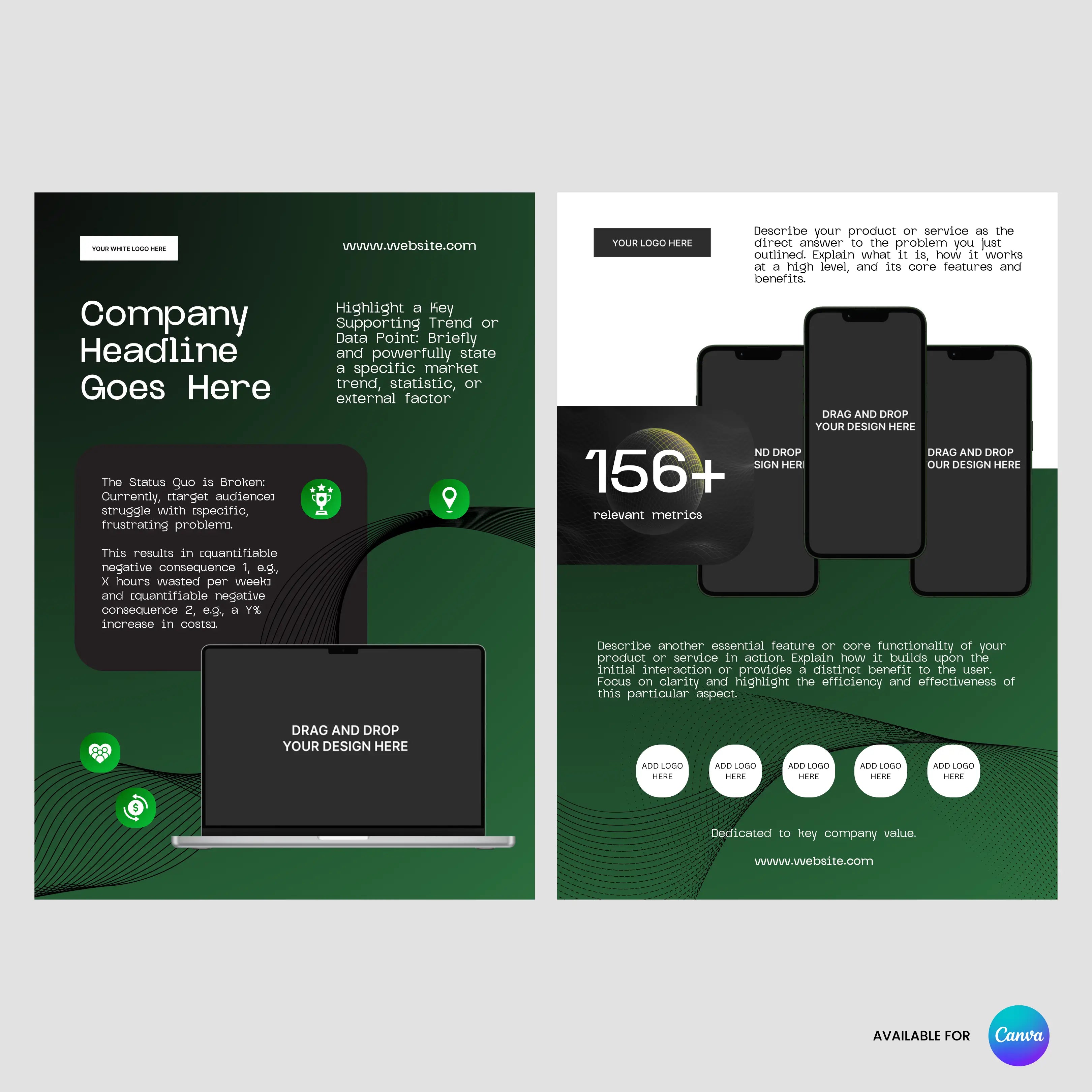 The One Pager Template for Canva – Forma 30 Collection | Green Tech & Startup Case Study Layout offers a 2-page business presentation design with dark green backgrounds, ideal for SaaS pitches, featuring laptop and smartphone graphics and prominent “156+” stat.