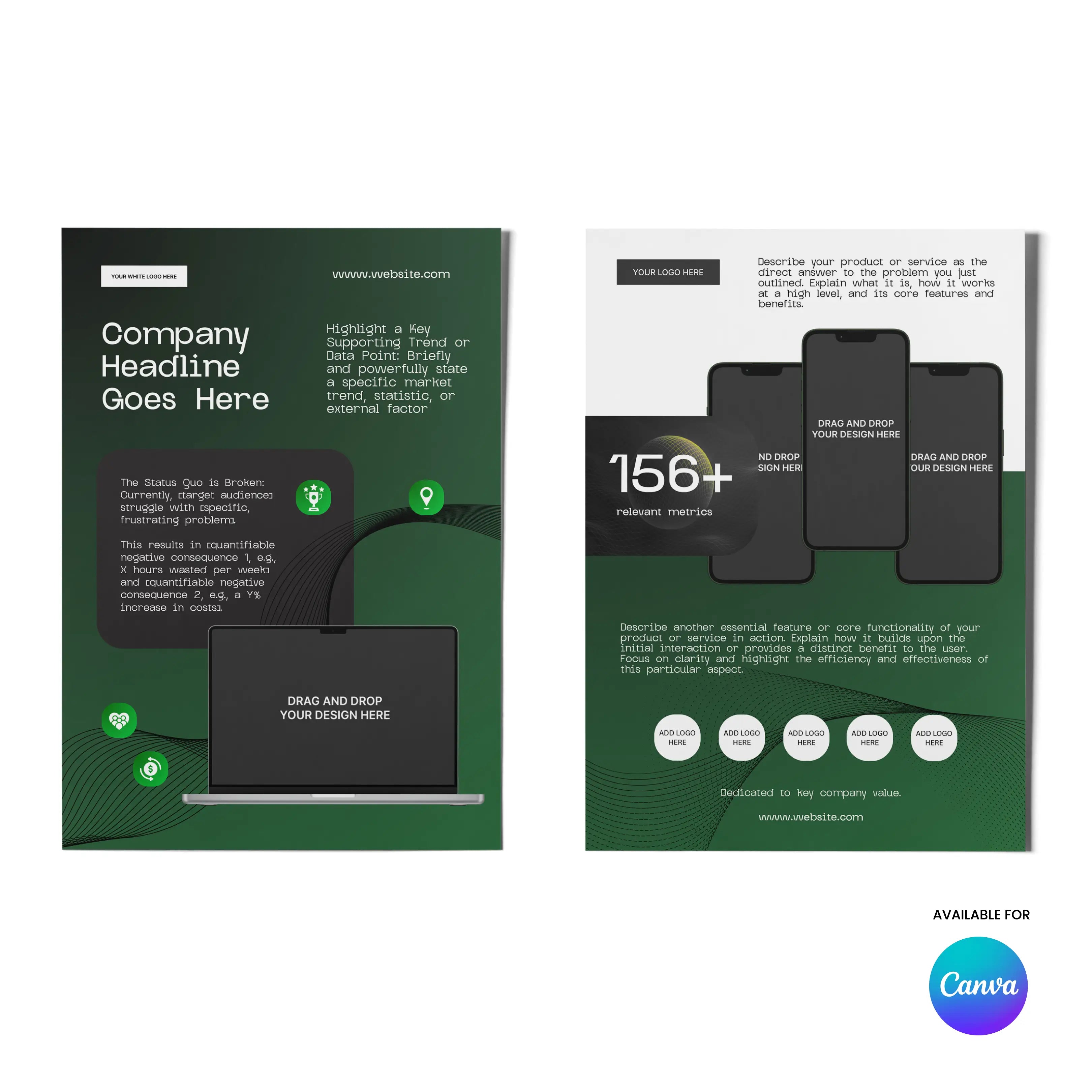 Showcase your SaaS or startup with the One Pager Template for Canva – Forma 30 Collection | Green Tech & Startup Case Study Layout, featuring two green and white flyer designs, device mockups, editable text boxes, icons, and the Canva logo.