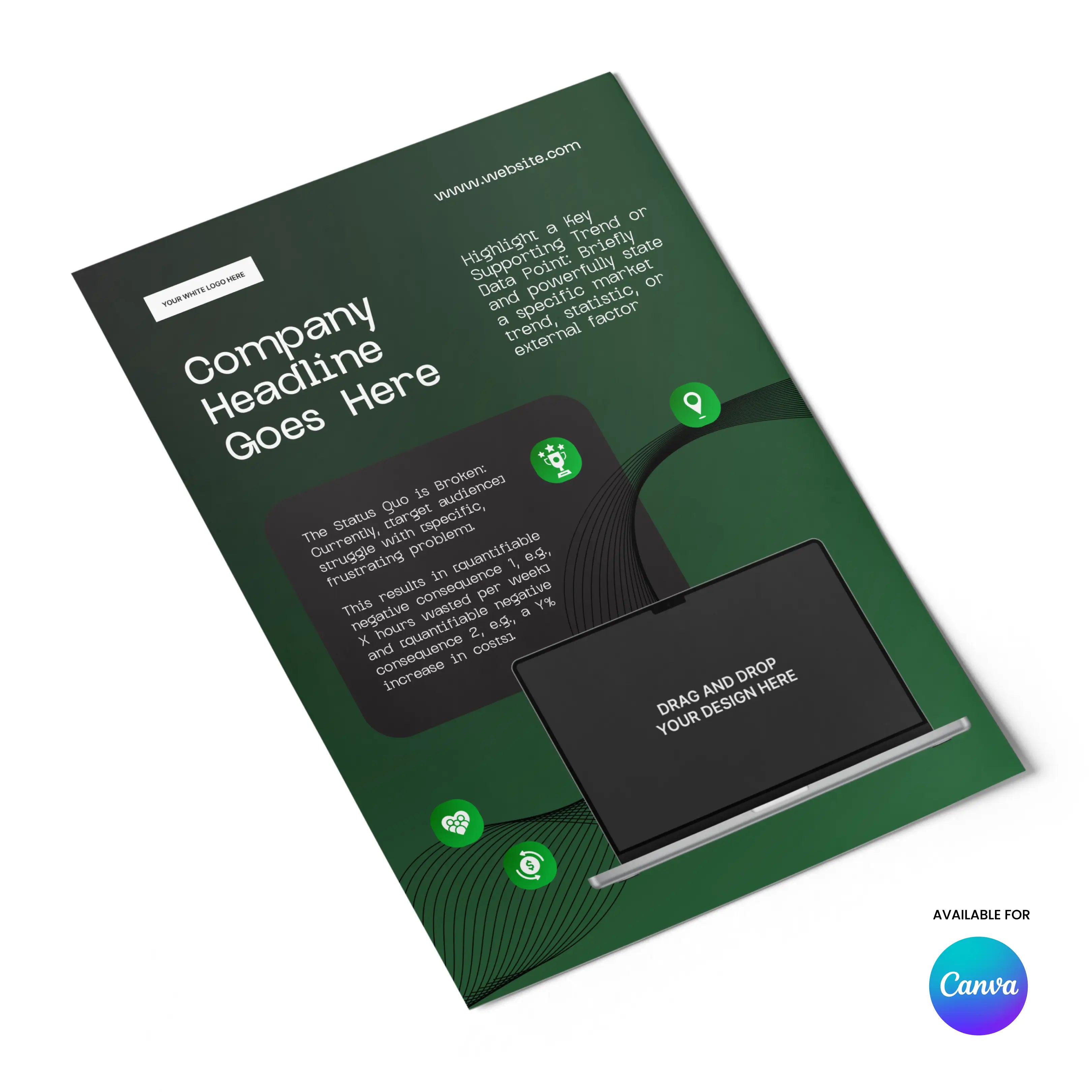 The One Pager Template for Canva – Forma 30 Collection features a green and black layout with white text, company headline placeholder, icons, and laptop image—angled on white with the Canva logo. Perfect for Green Tech & Startup SaaS case studies.